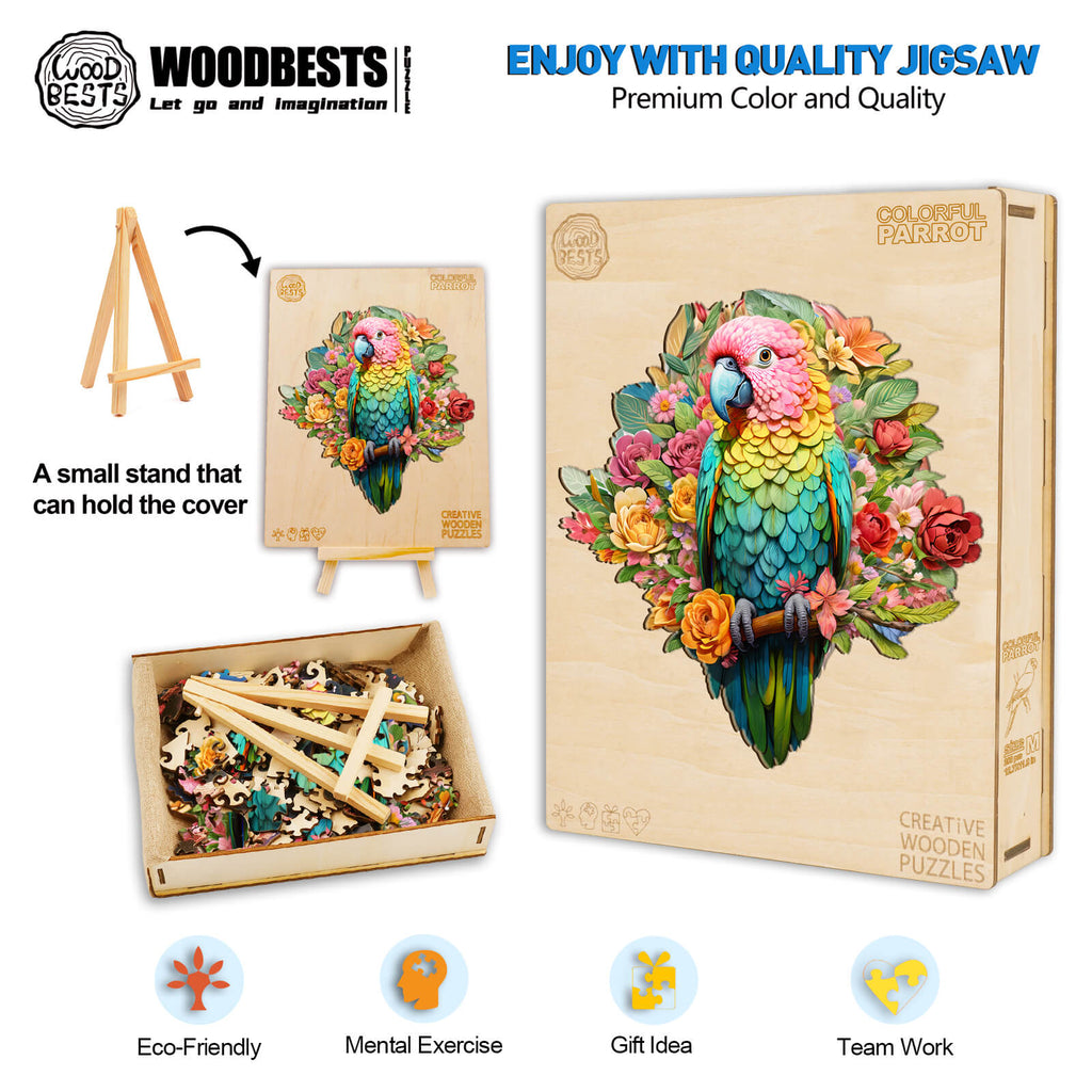 Colorful Parrot wooden jigsaw puzzle, eco-friendly toy for mental exercise and teamwork, perfect gift idea.