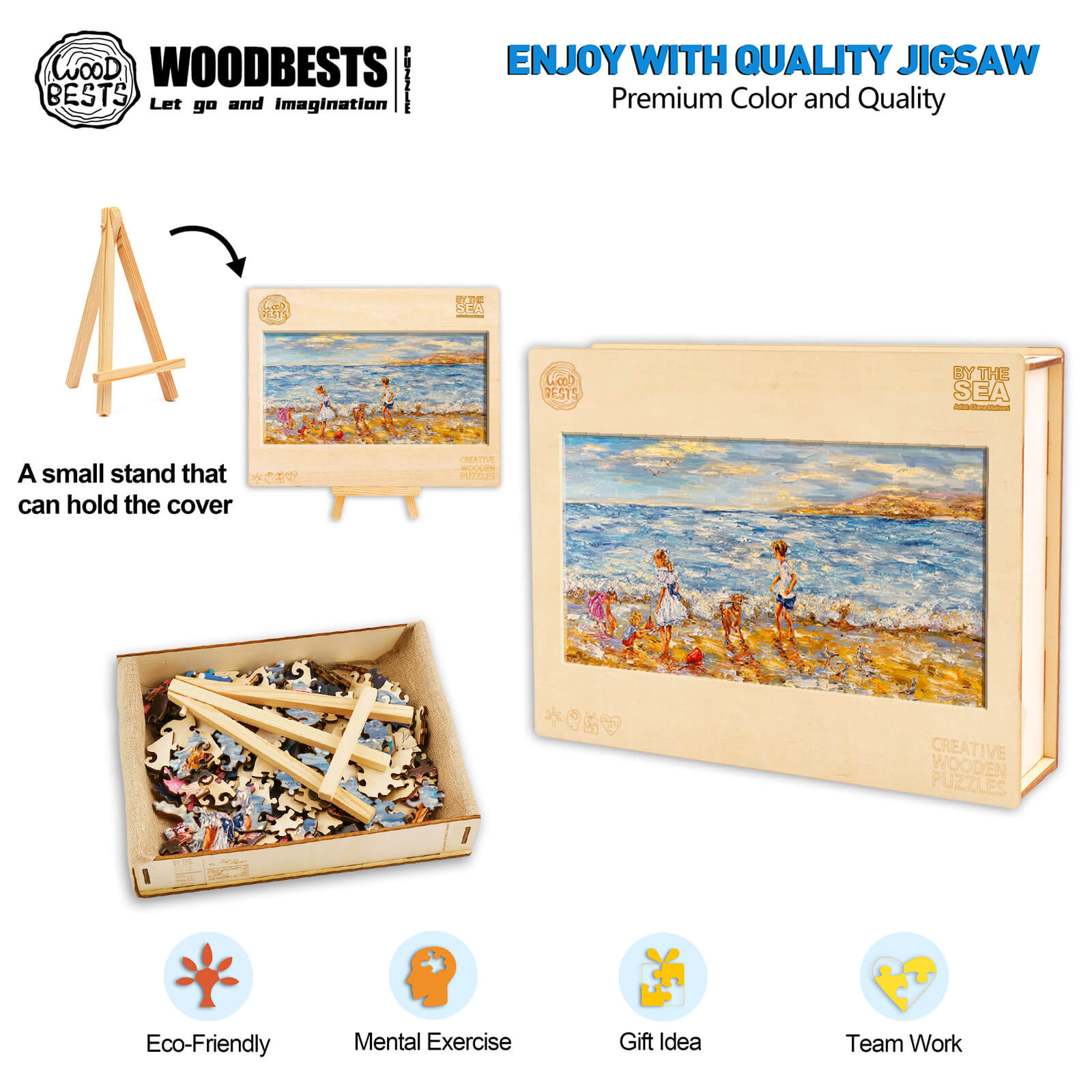 By The Sea jigsaw puzzle by Diana Malivani, featuring vibrant artwork, eco-friendly materials, and a stand for easy display.