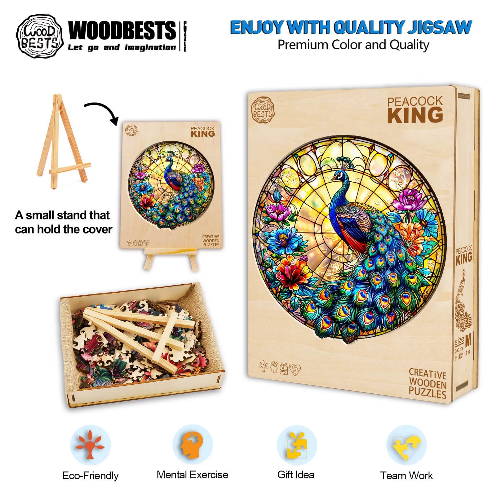 Peacock King Wooden Jigsaw Puzzle, eco-friendly, mental exercise, gift idea, team work, vibrant colors, quality craftsmanship.