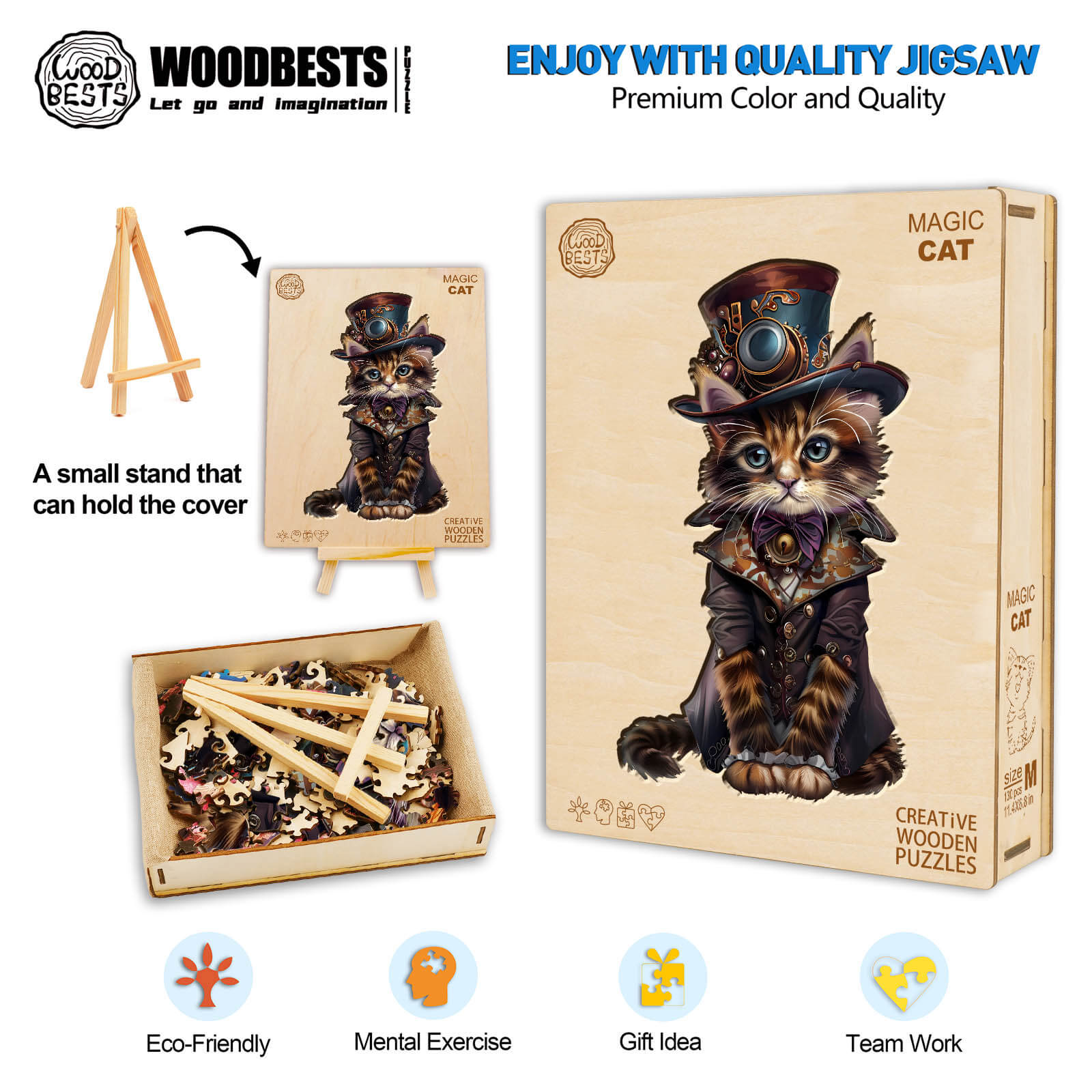 Magic Cat Wooden Jigsaw Puzzle with pieces and stand, promoting mental exercise and teamwork, eco-friendly gift idea.