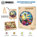 Stained Glass Lighthouse wooden jigsaw puzzle with bright colors, eco-friendly materials, and mental exercise benefits.