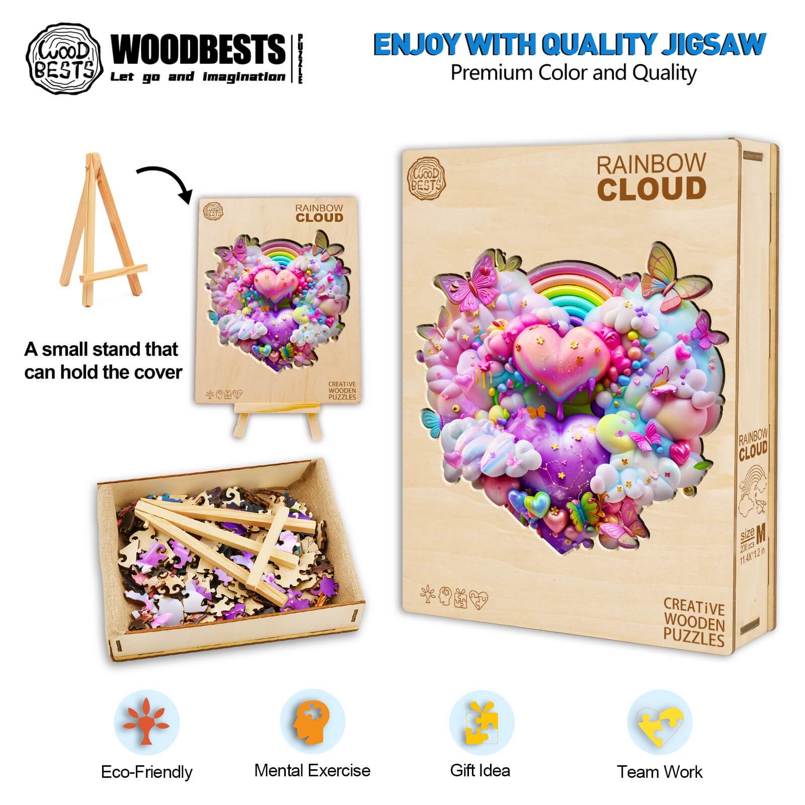 Rainbow Cloud wooden jigsaw puzzle featuring vibrant colors, eco-friendly design, focuses on mental exercise and team activities.