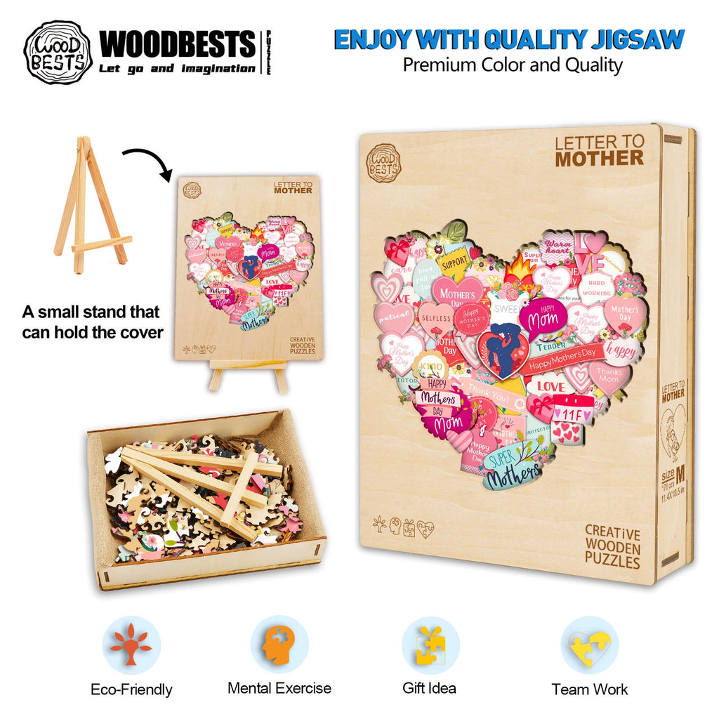 Wooden jigsaw puzzle titled 'Letter to Mom', showcasing a heart design. Ideal for mental exercise and gifts.
