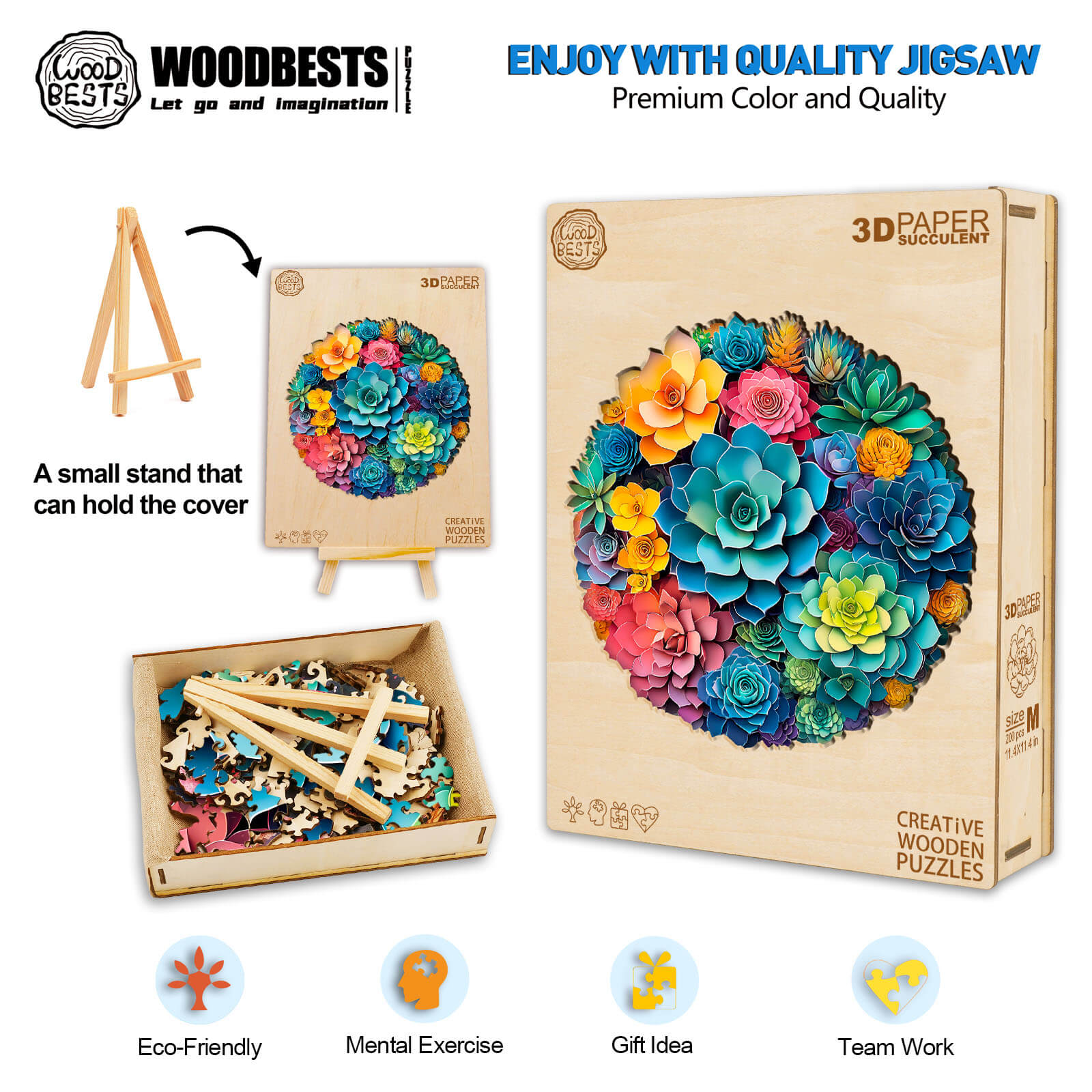 3D Paper Succulent Wooden Jigsaw Puzzle with colorful designs, fostering creativity and mental focus.
