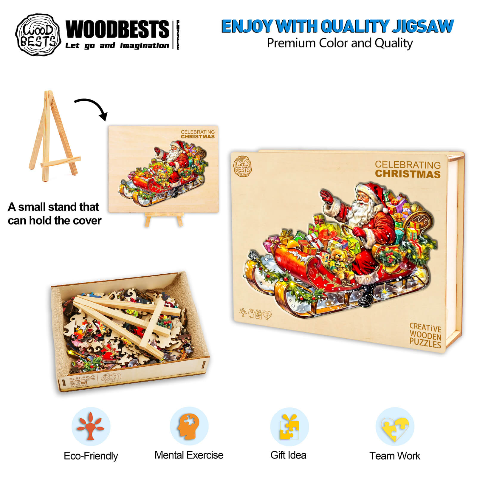 Celebrating Christmas wooden jigsaw puzzle displayed with small easel stand and eco-friendly features.