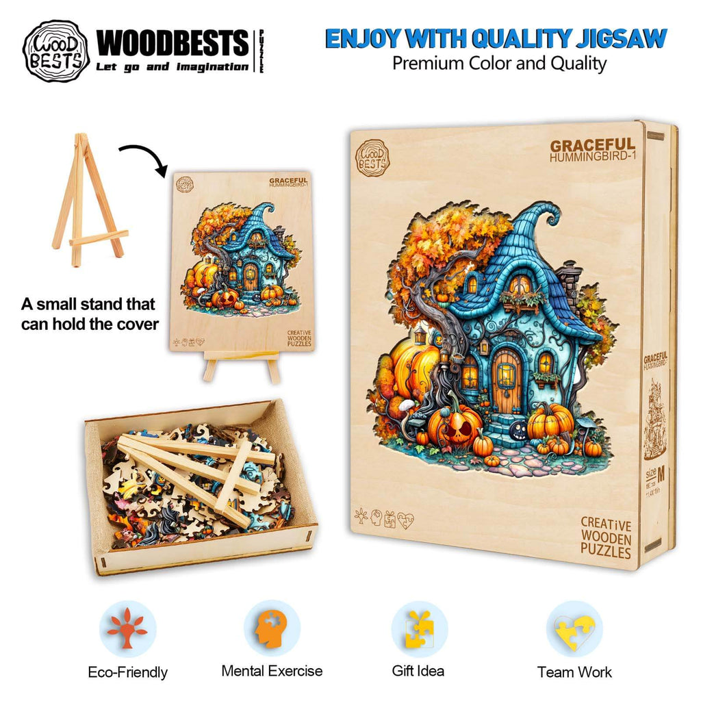 Pumpkin House-1 wooden jigsaw puzzle with vibrant colors, promoting focus and mental exercise, ideal for gifting.