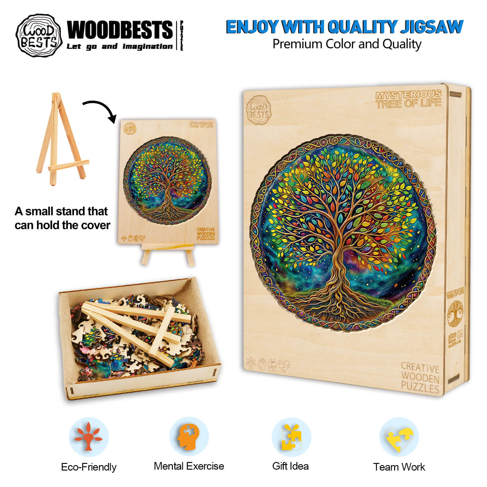 Mysterious Tree of Life wooden jigsaw puzzle with vibrant colors, featuring pieces and a small stand, ideal for mental exercise.