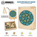 Forget Me Not jigsaw puzzle by Lori Anne McKague, featuring vibrant doodle art, eco-friendly packaging and a small display stand.