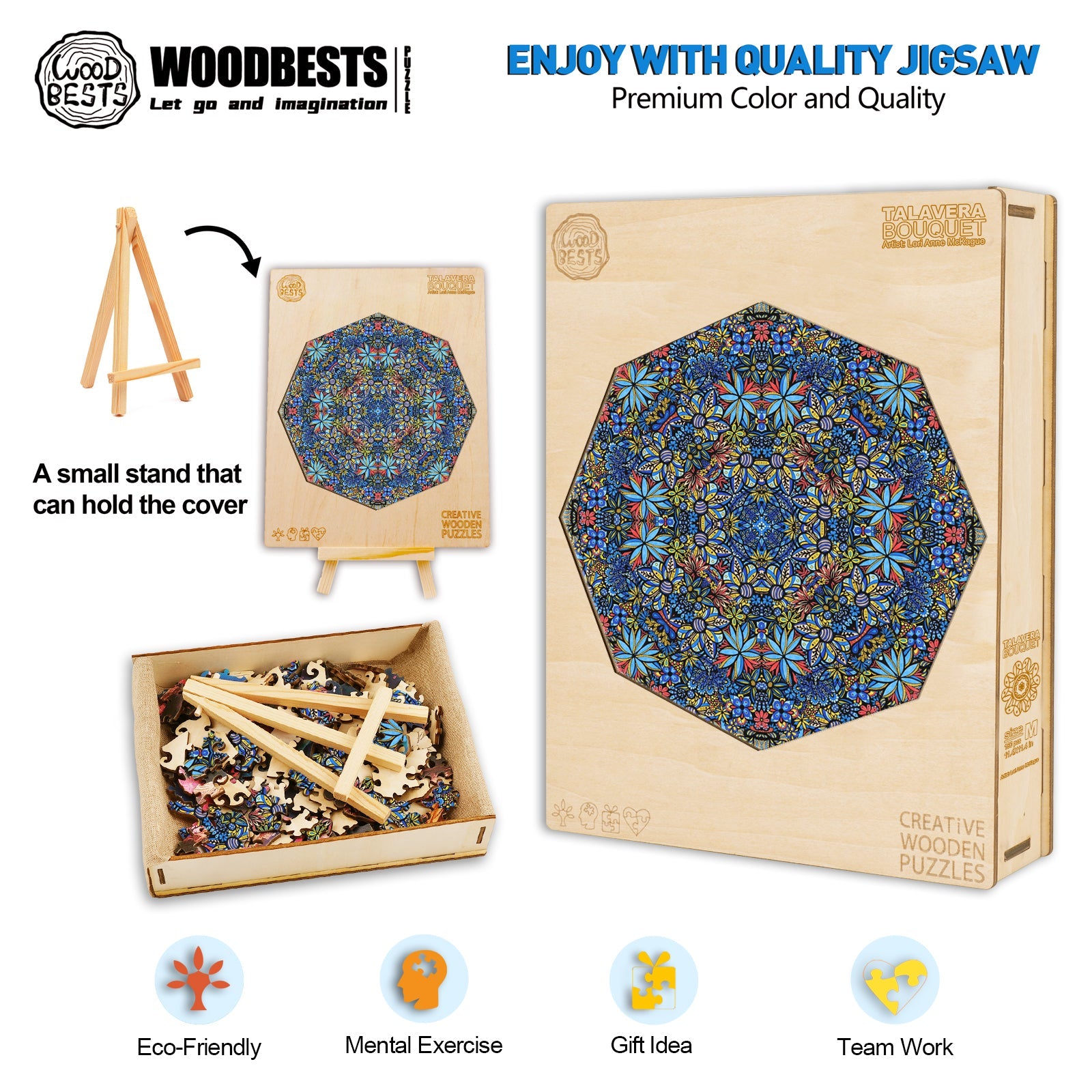 Mandala Talavera Bouquet jigsaw puzzle by Woodbests, featuring vibrant doodle art and eco-friendly design for fun and teamwork.