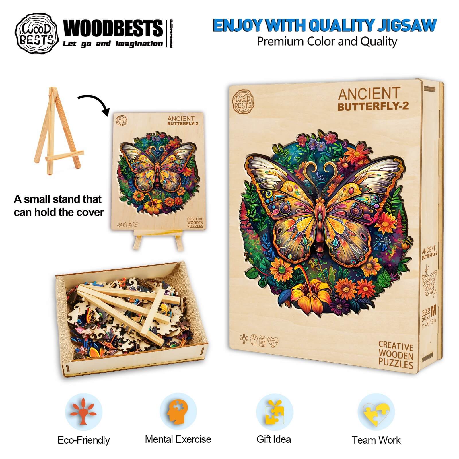 Ancient Butterfly-2 Wooden Jigsaw Puzzle box and pieces, eco-friendly design for mental exercise and teamwork activities.
