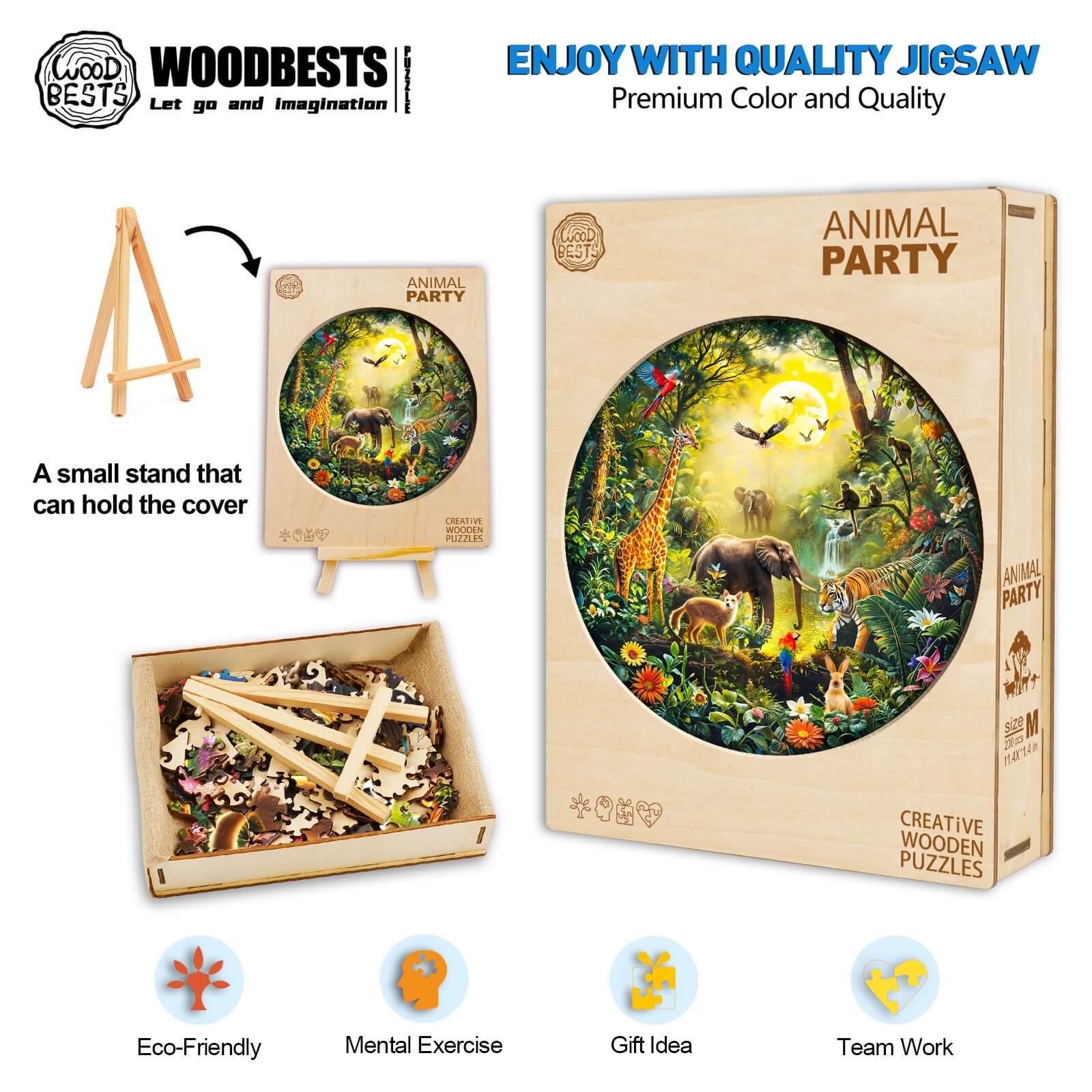 Animal Party Wooden Jigsaw Puzzle box and pieces displayed with stand, promoting focus, teamwork, and eco-friendliness.