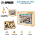 Snowman jigsaw puzzle by Diana Malivani, showcasing vibrant artwork and eco-friendly packaging for creative fun.