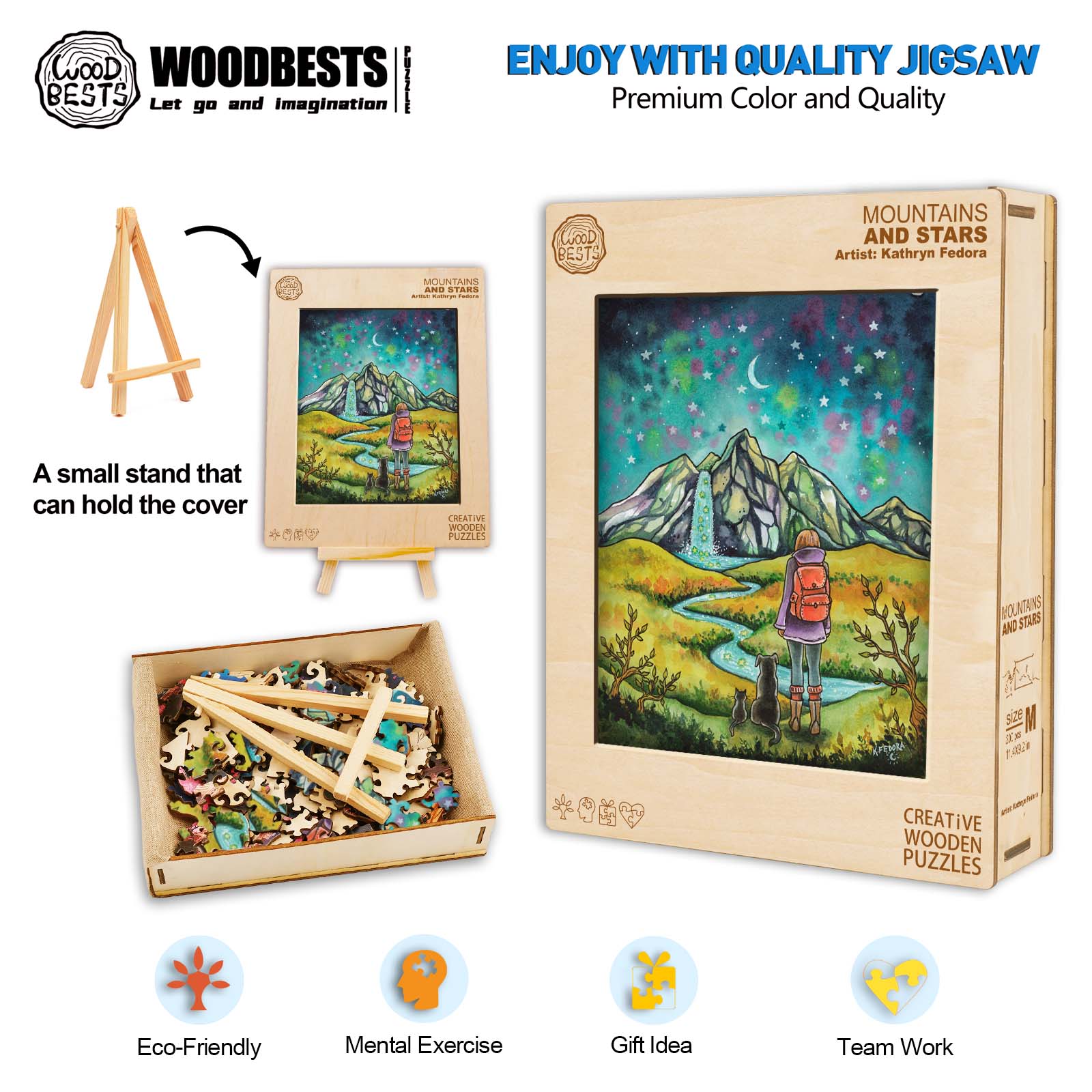 Mountains and Stars jigsaw puzzle by artist Kathryn Fedora, eco-friendly, creative wooden puzzle, premium quality and color.