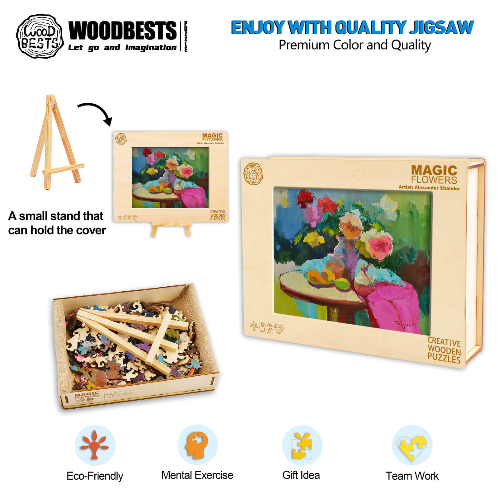 Magic Flowers jigsaw puzzle by Alexander Shandor, featuring a colorful floral design and eco-friendly wooden pieces.