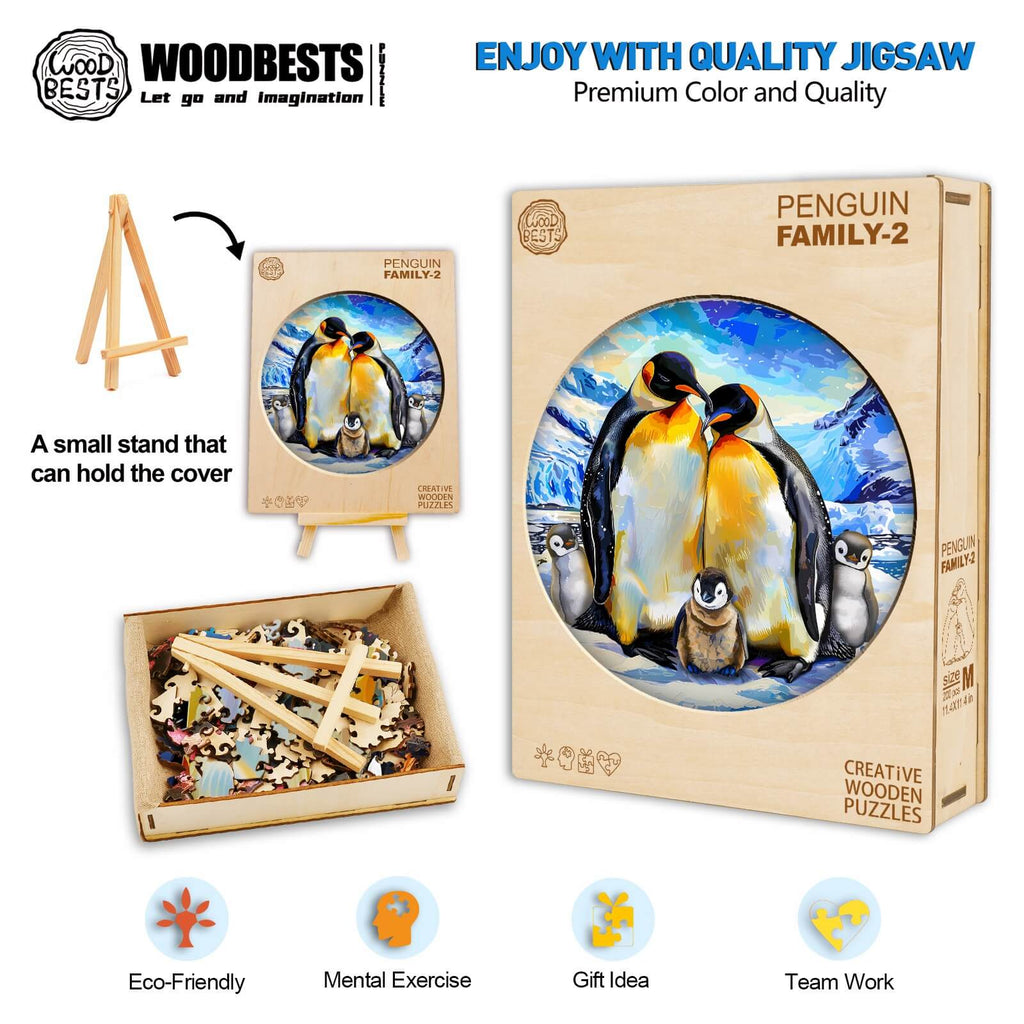 Penguin family-2 wooden jigsaw puzzle featuring colorful artwork and eco-friendly pieces for mental exercise and teamwork.