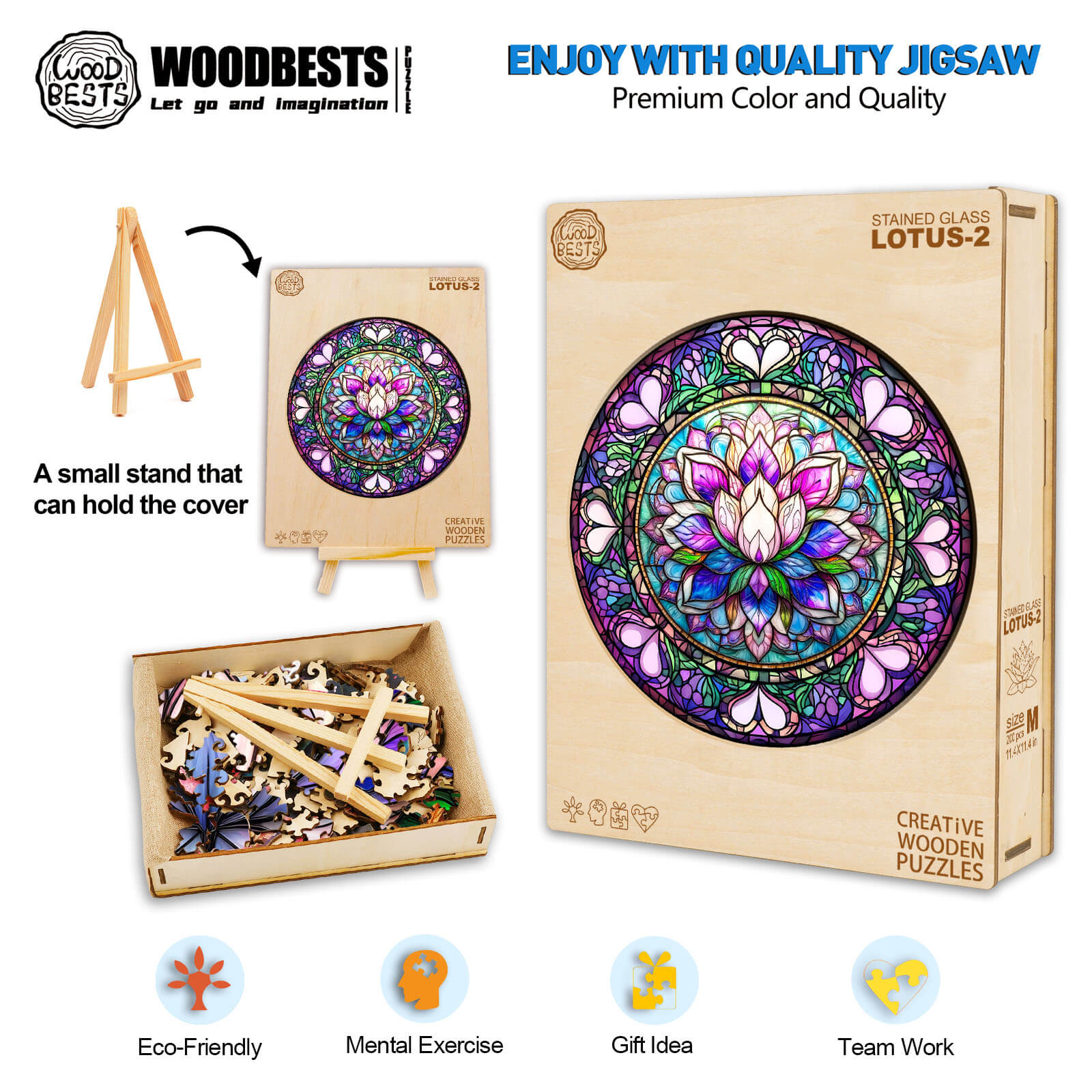Colorful Stained Glass Lotus-2 wooden jigsaw puzzle box with pieces and stand, promoting creativity and mental exercise.
