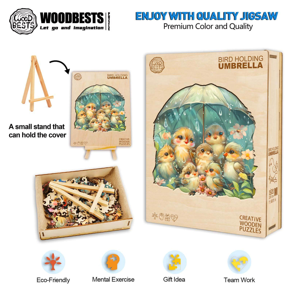 Bird Holding Umbrella wooden jigsaw puzzle with eco-friendly materials for mental exercise and teamwork.