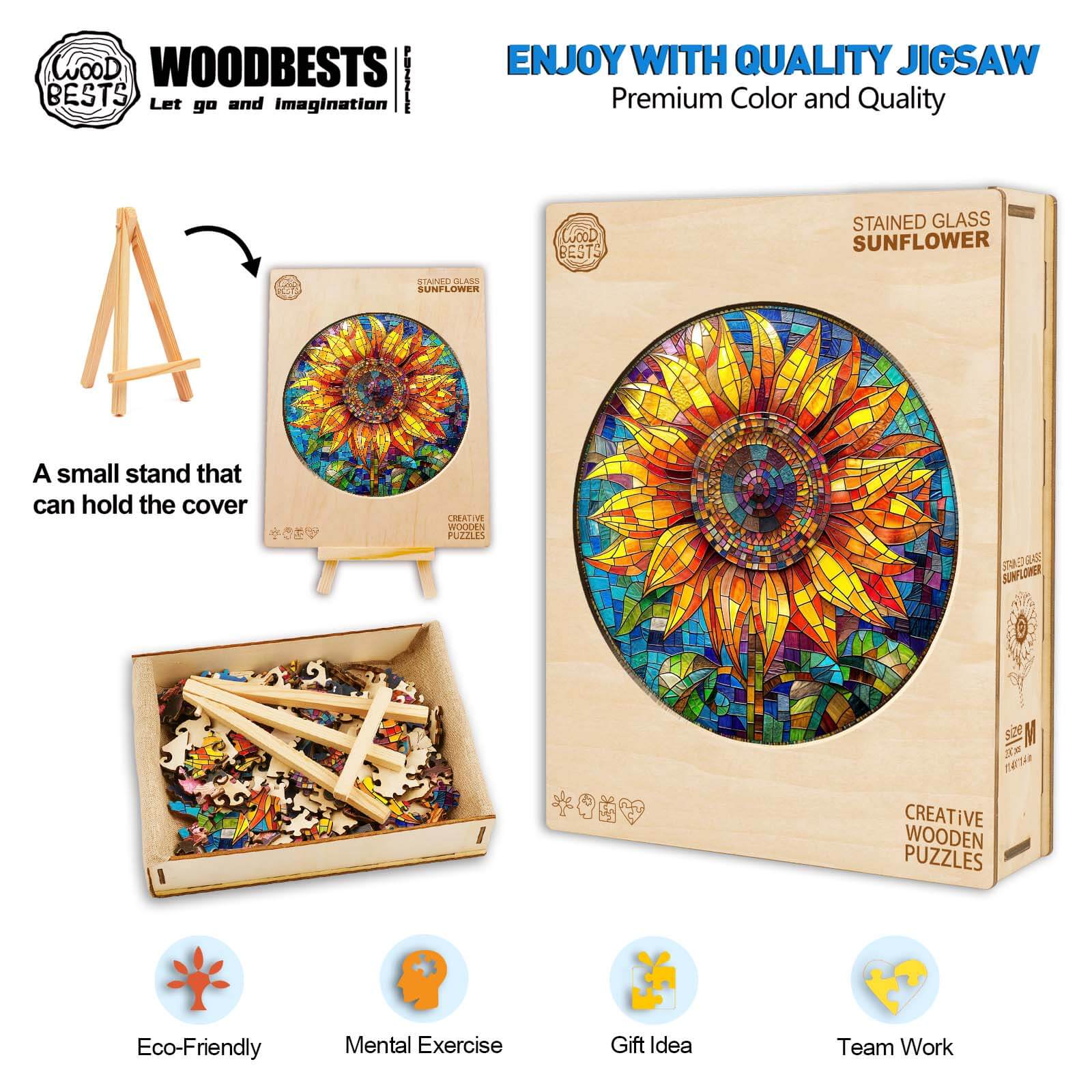 Stained glass sunflower wooden jigsaw puzzle, eco-friendly, mental exercise, creative puzzle-solving experience.