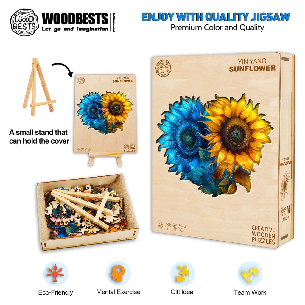 Yin Yang Sunflower wooden jigsaw puzzle featuring vibrant colors, perfect for mental exercise and focus.