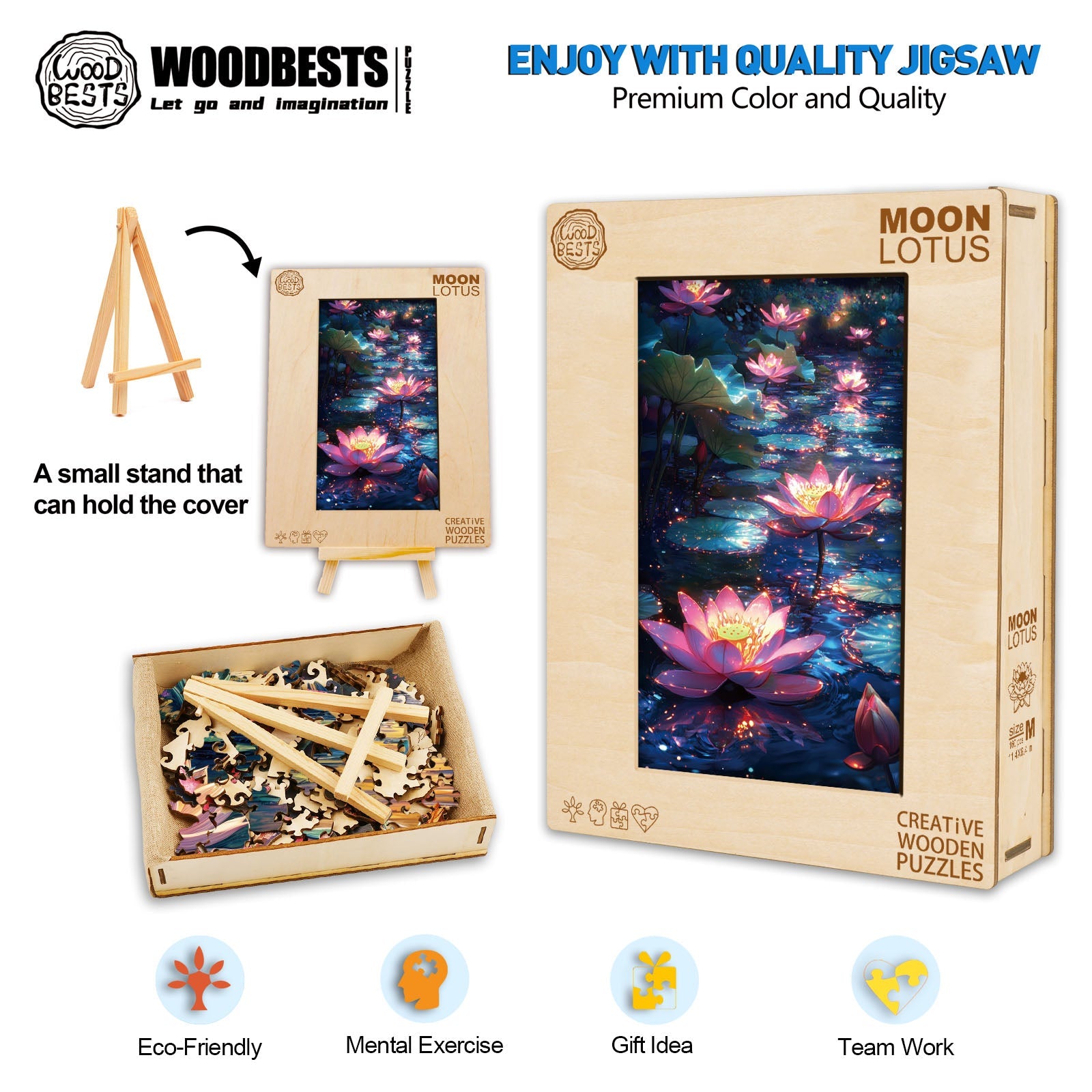 Moon Lotus wooden jigsaw puzzle with vibrant lotus image, features eco-friendly materials and promotes mental exercise.