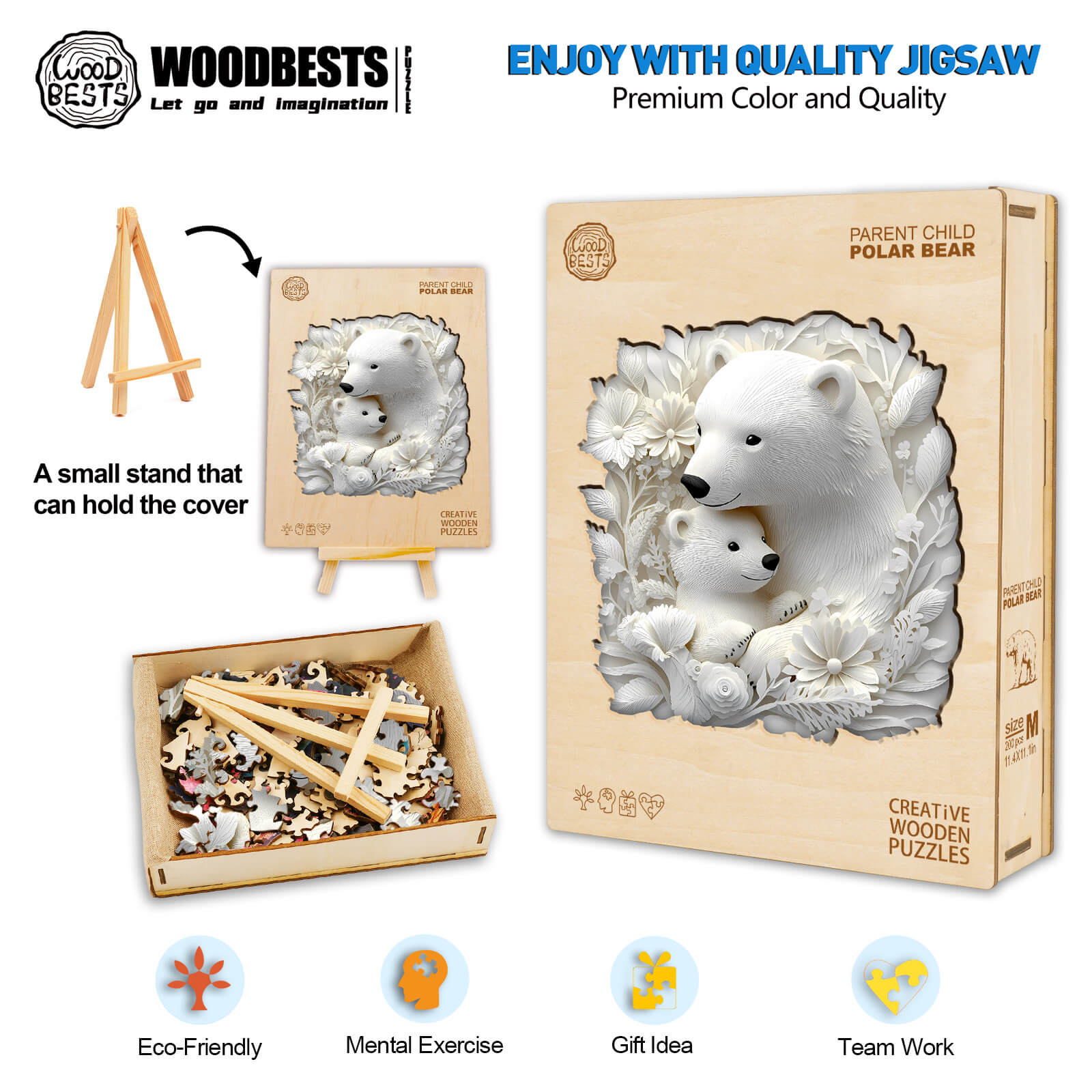 3D Parent Child Polar Bear Wooden Jigsaw Puzzle with pieces, box, and stand for mental exercise and teamwork.