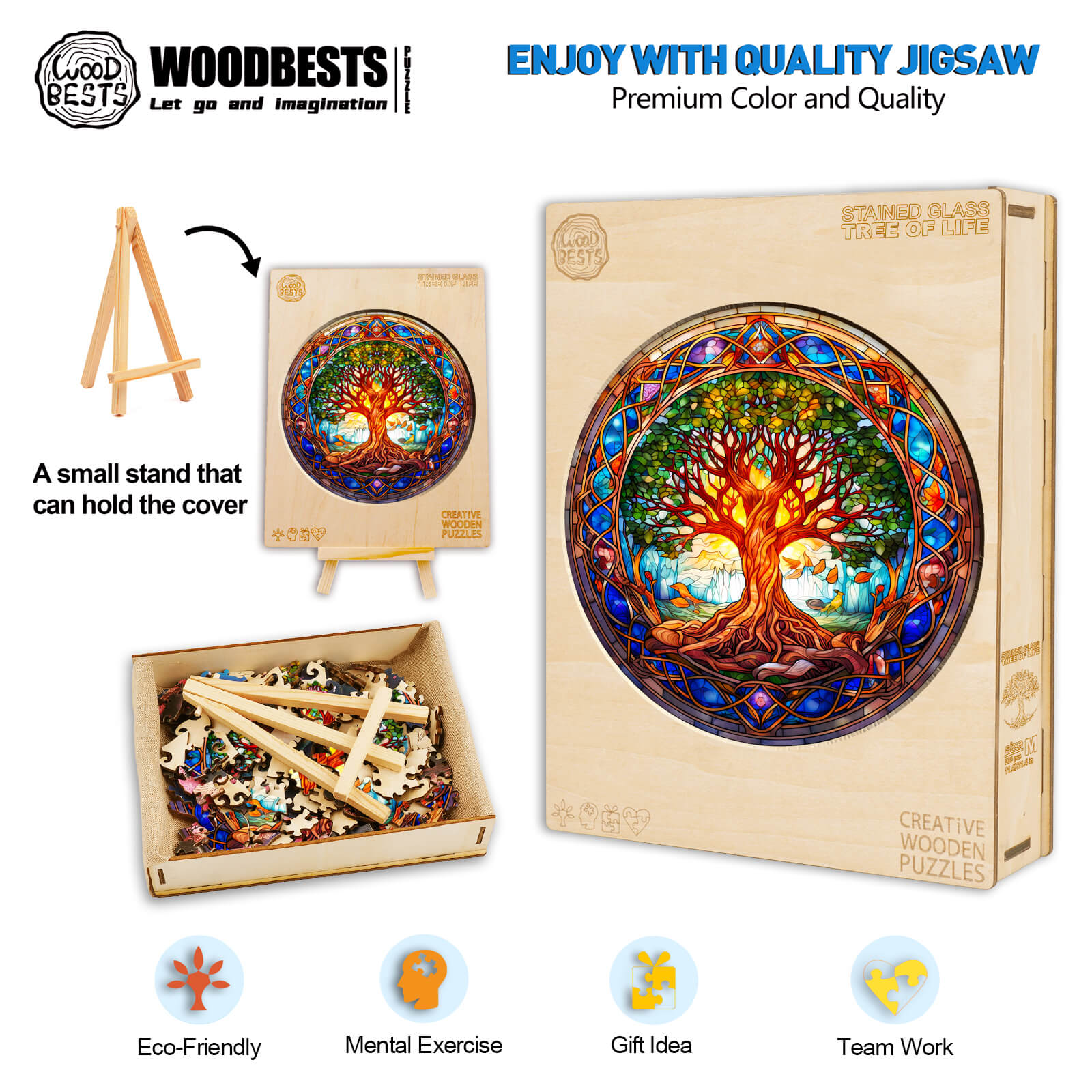 Stained Glass Tree of Life wooden puzzle with vibrant colors and eco-friendly materials, enhancing focus and teamwork.