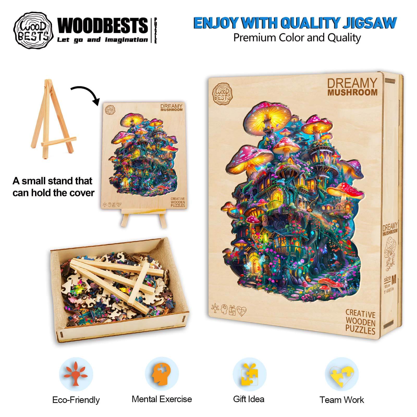 Dreamy Mushroom Wooden Jigsaw Puzzle with vibrant colors, eco-friendly materials, promoting focus and teamwork.