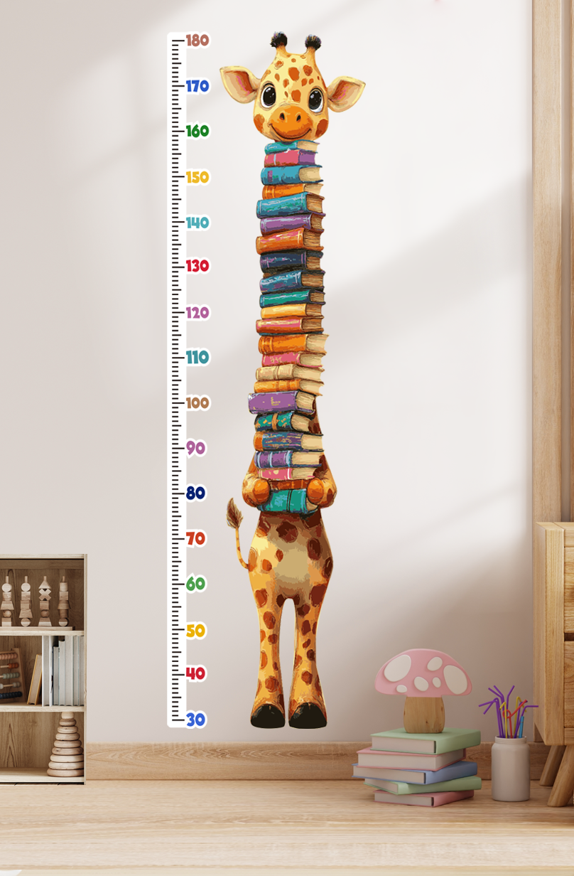 Cute Giraffe Holding Books Growth Chart Wall Decal