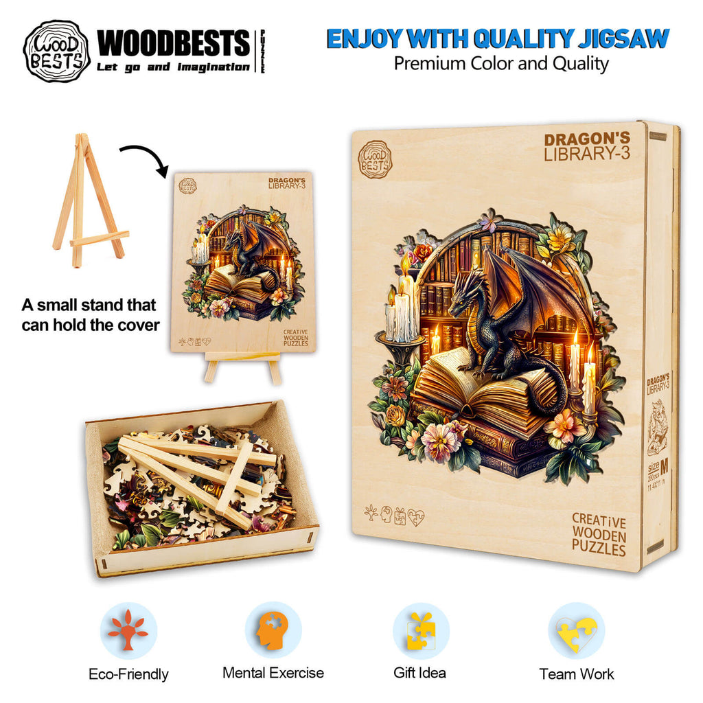 Dragon's Library-3 wooden jigsaw puzzle with colorful artwork, eco-friendly materials, ideal for brain exercise and fun teamwork.