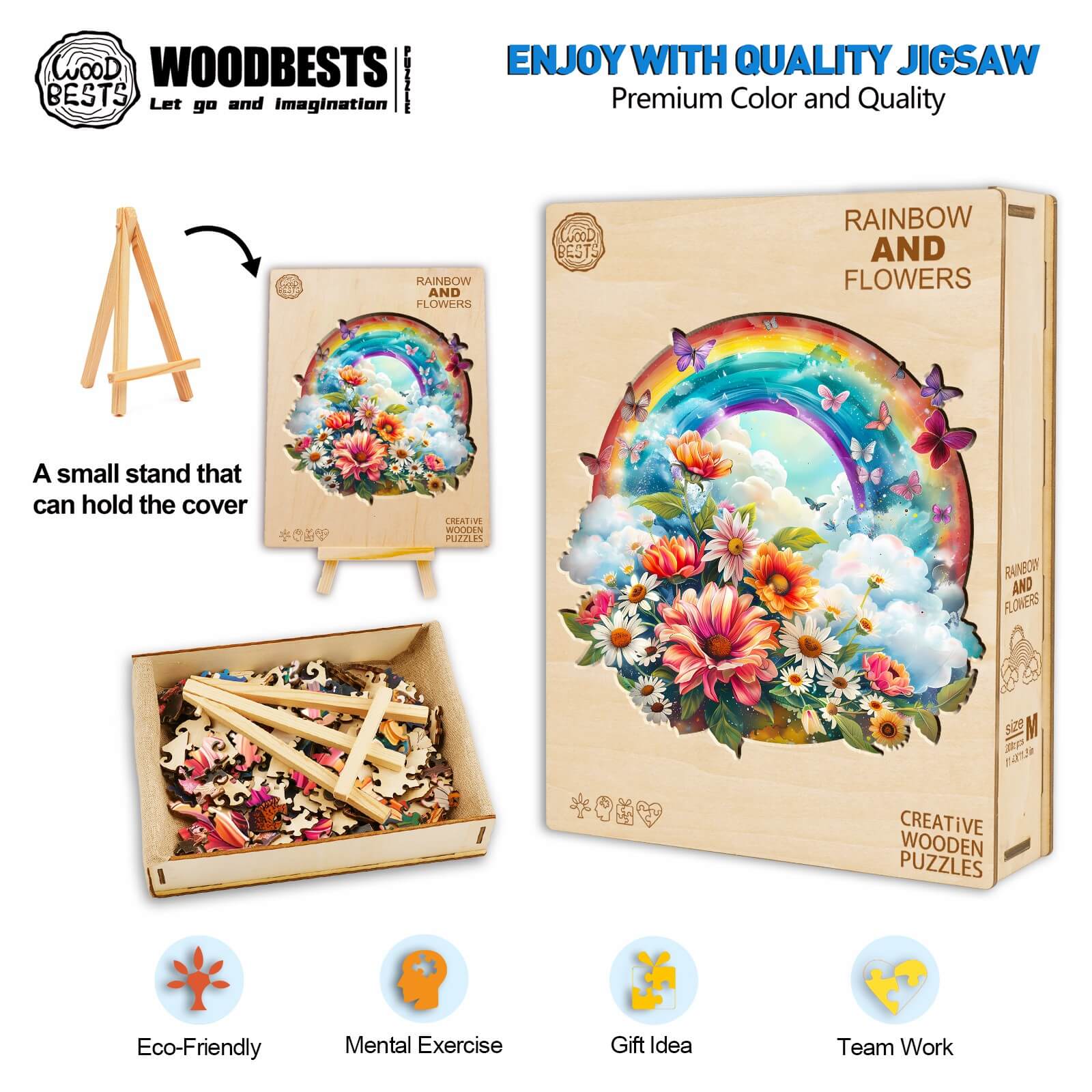 Rainbow and Flowers Wooden Jigsaw Puzzle with eco-friendly materials, perfect for mental exercise and teamwork.