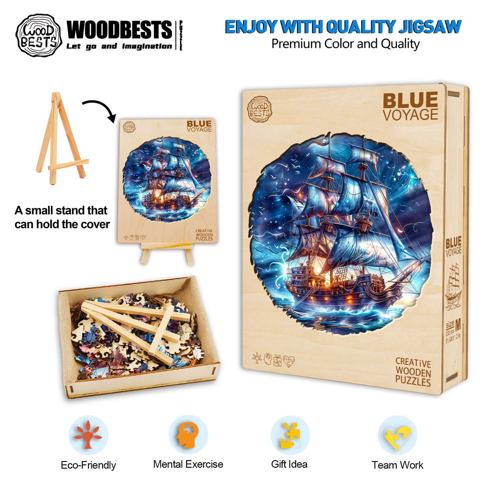 Blue Voyage wooden jigsaw puzzle with eco-friendly design, ideal for mental exercise and teamwork.