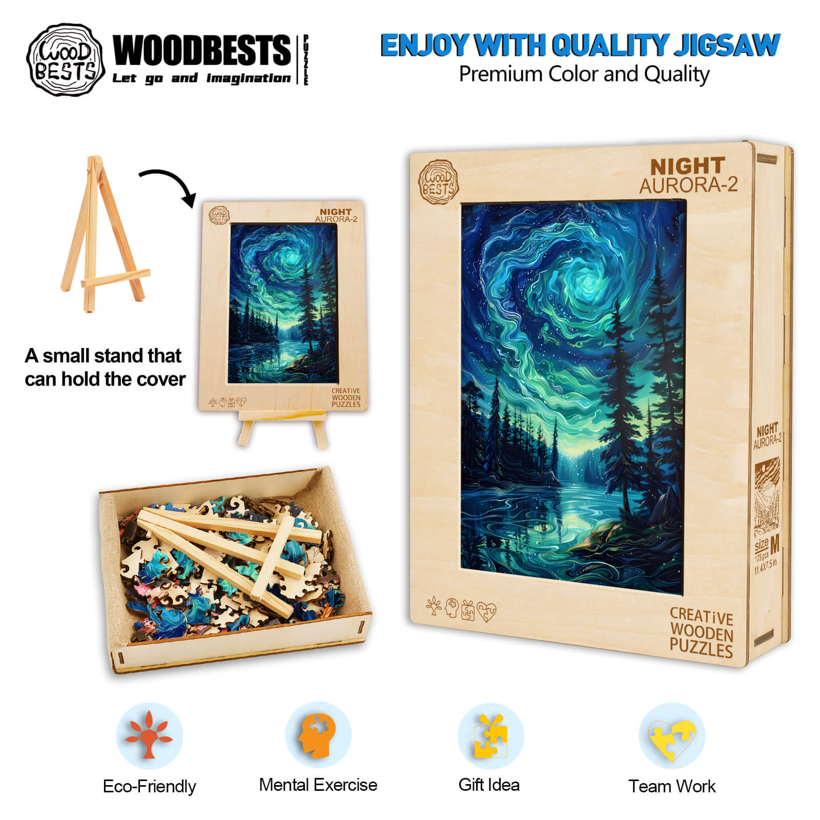 Night Aurora-2 wooden jigsaw puzzle with eco-friendly pieces, perfect for mental exercise and teamwork activities.