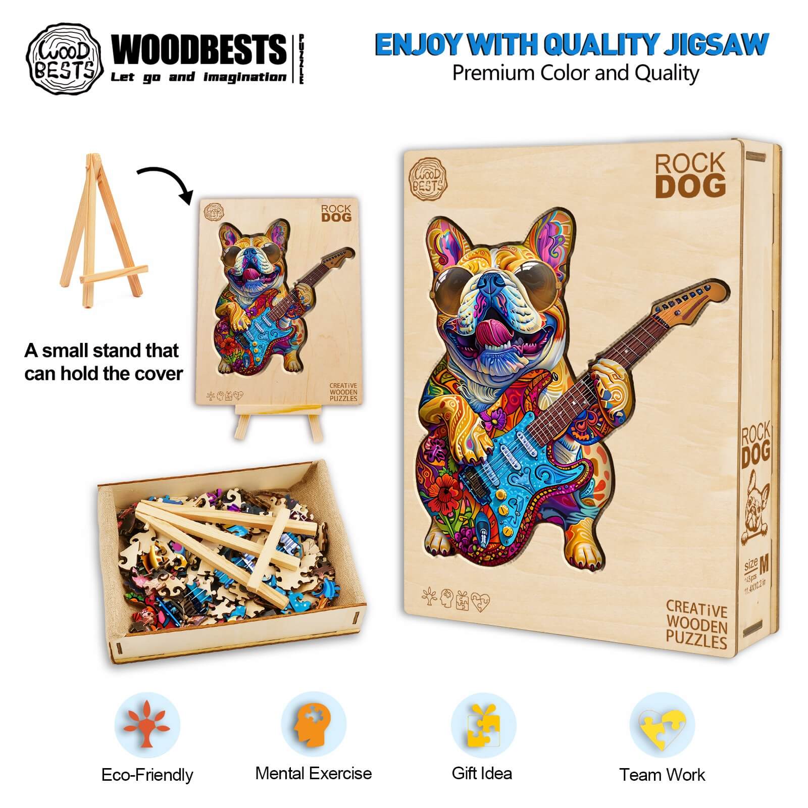 Rock Dog wooden jigsaw puzzle in vibrant colors, featuring a guitar dog design, perfect for mental exercise and teamwork activities.