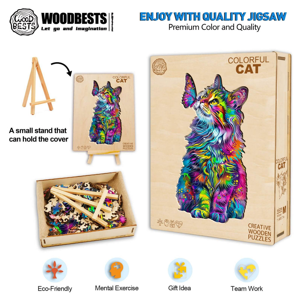 Colorful Cat wooden jigsaw puzzle box, pieces, and stand, promoting mental exercise and teamwork.