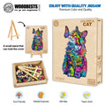 Colorful Cat wooden jigsaw puzzle box, pieces, and stand, promoting mental exercise and teamwork.
