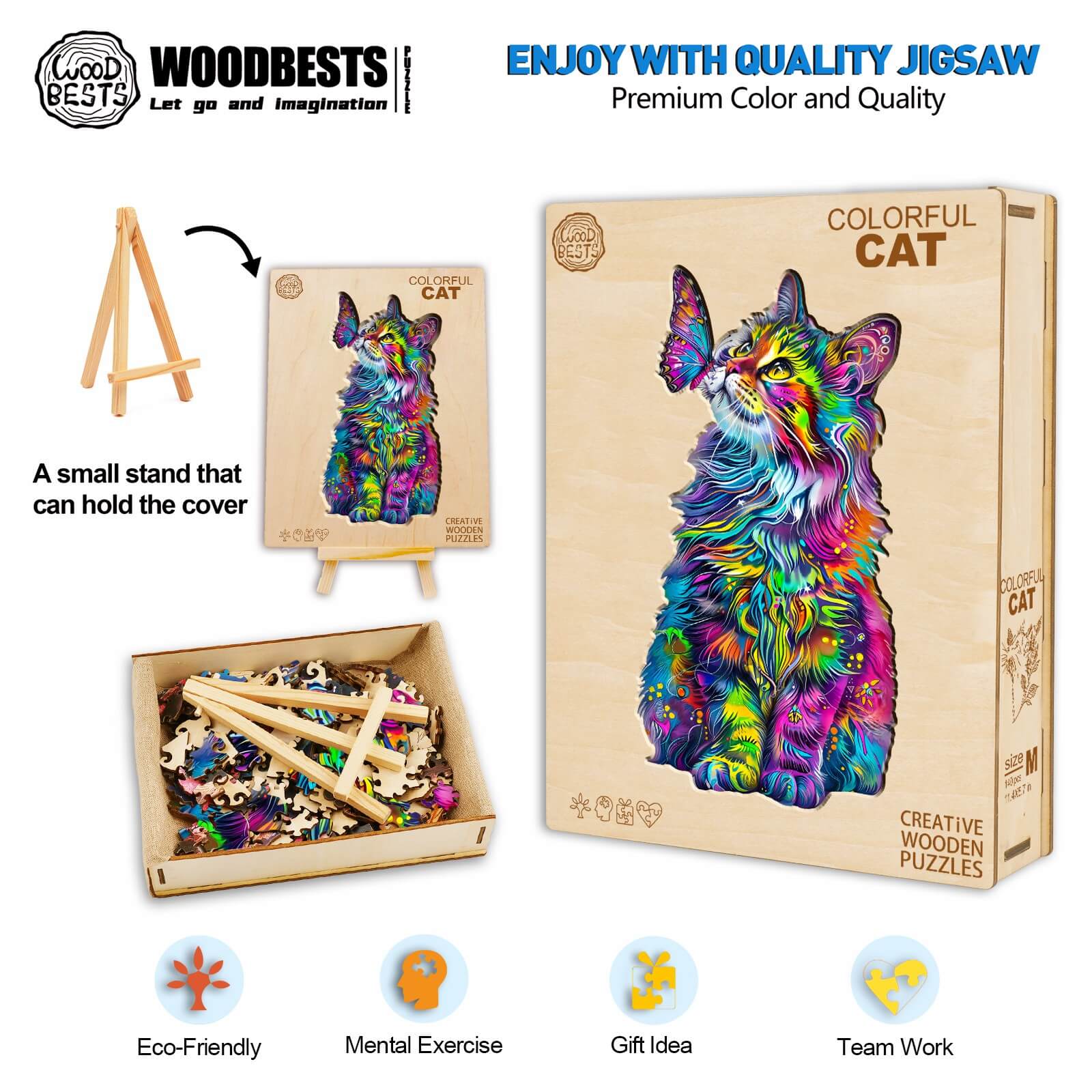 Colorful Cat wooden jigsaw puzzle box, pieces, and stand, promoting mental exercise and teamwork.