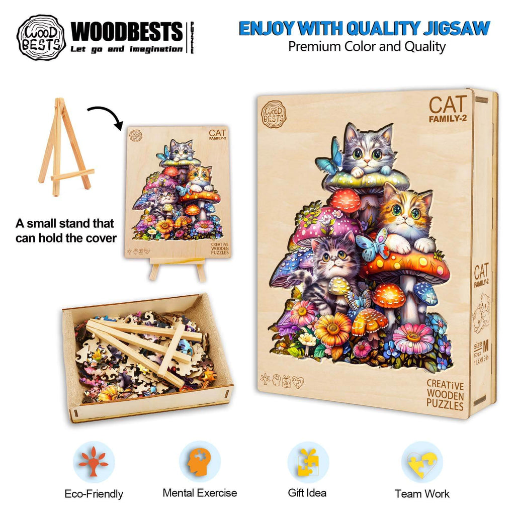 Cat Family-2 wooden jigsaw puzzle featuring colorful cats and flowers, promoting mental exercise and teamwork.