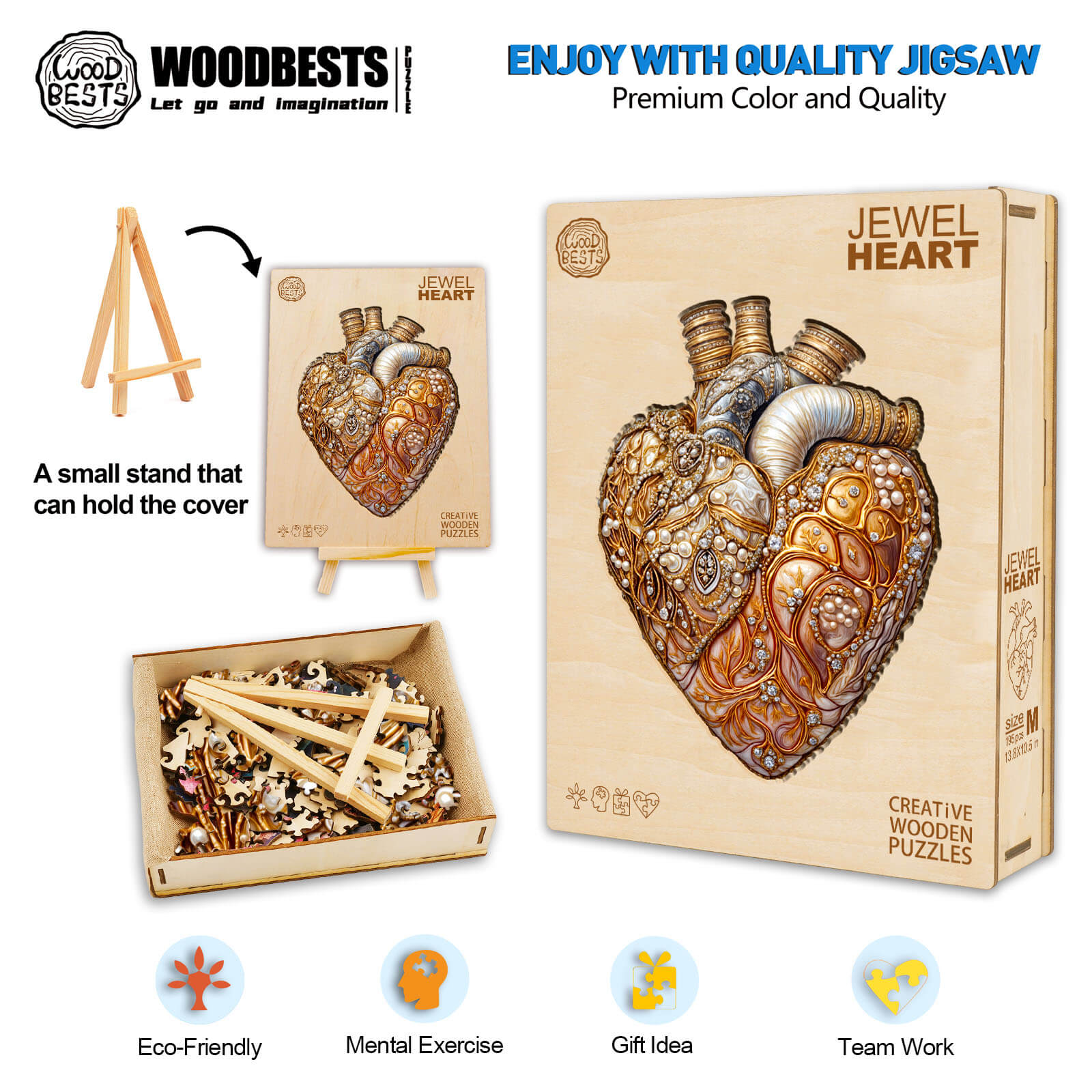 3D Jewel Heart Wooden Jigsaw Puzzle with stand, eco-friendly, perfect for mental exercise and gift ideas, promotes teamwork.