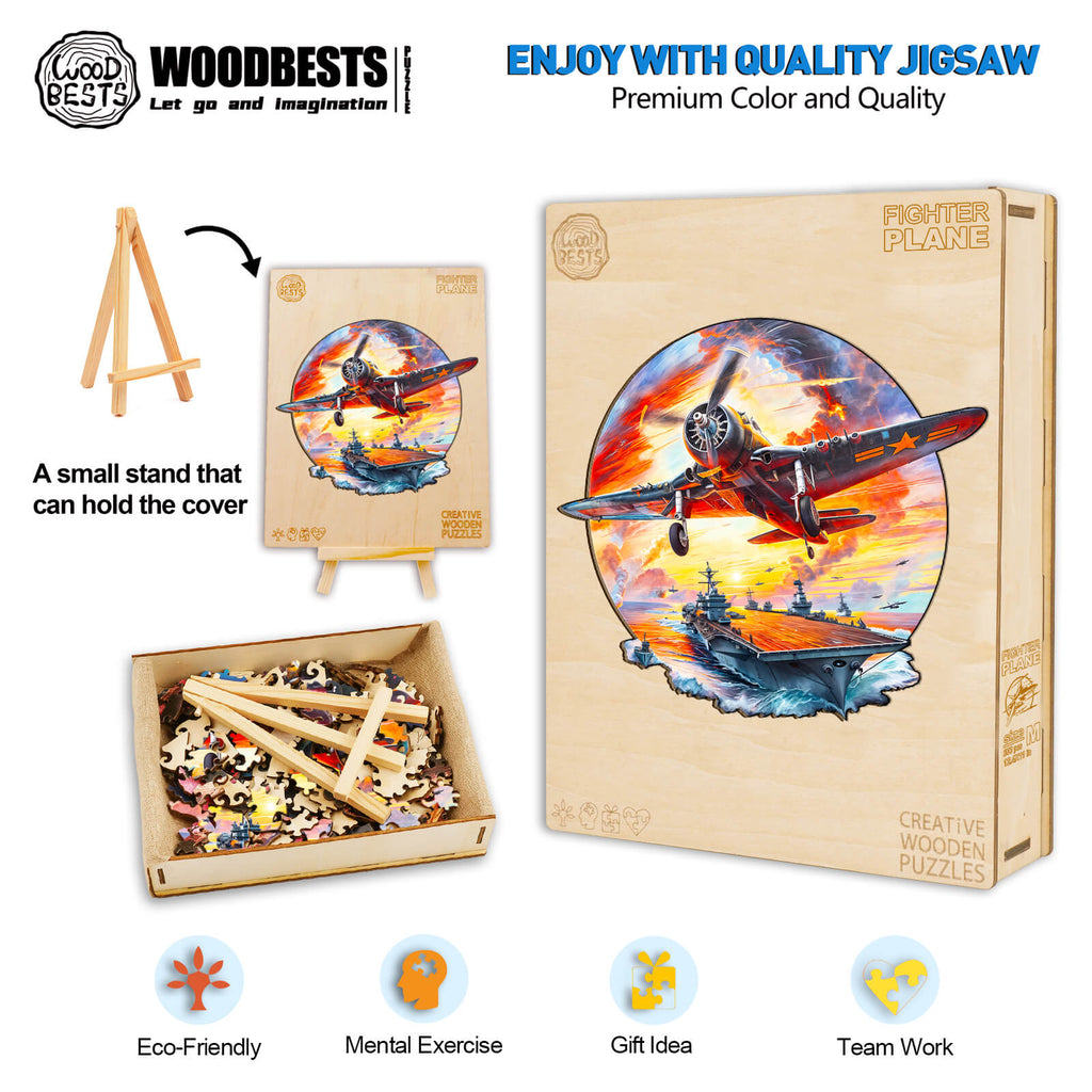 Fighter Plane Wooden Jigsaw Puzzle with colorful design, eco-friendly materials, promotes mental exercise and teamwork.