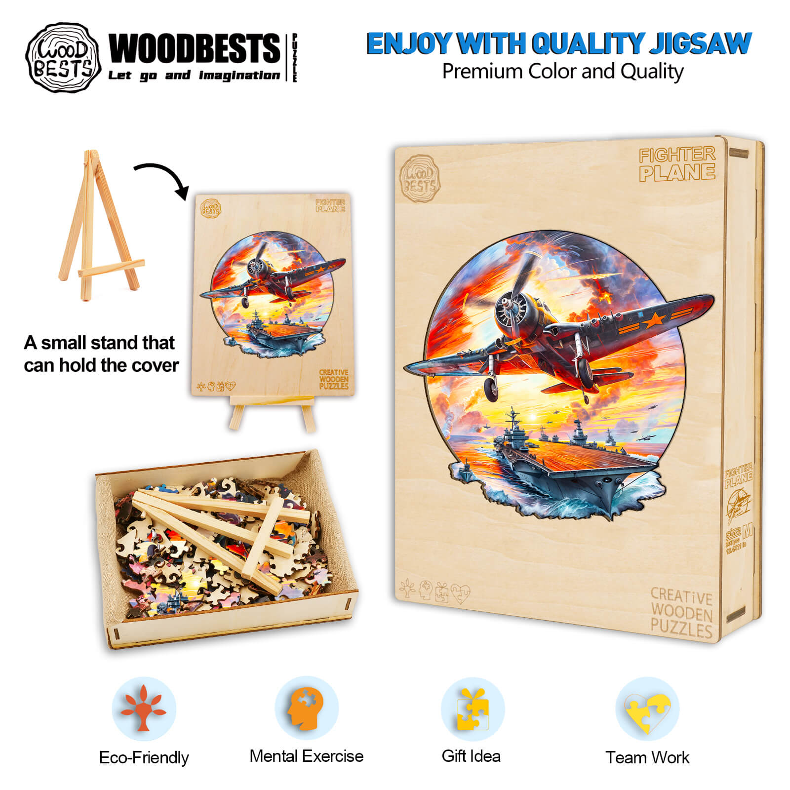 Fighter Plane Wooden Jigsaw Puzzle with colorful design, eco-friendly materials, promotes mental exercise and teamwork.