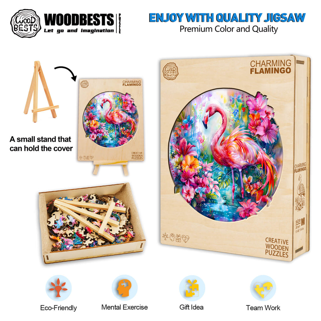 Charming Flamingo wooden jigsaw puzzle, eco-friendly, promotes mental exercise and teamwork, with vibrant colors and quality design.