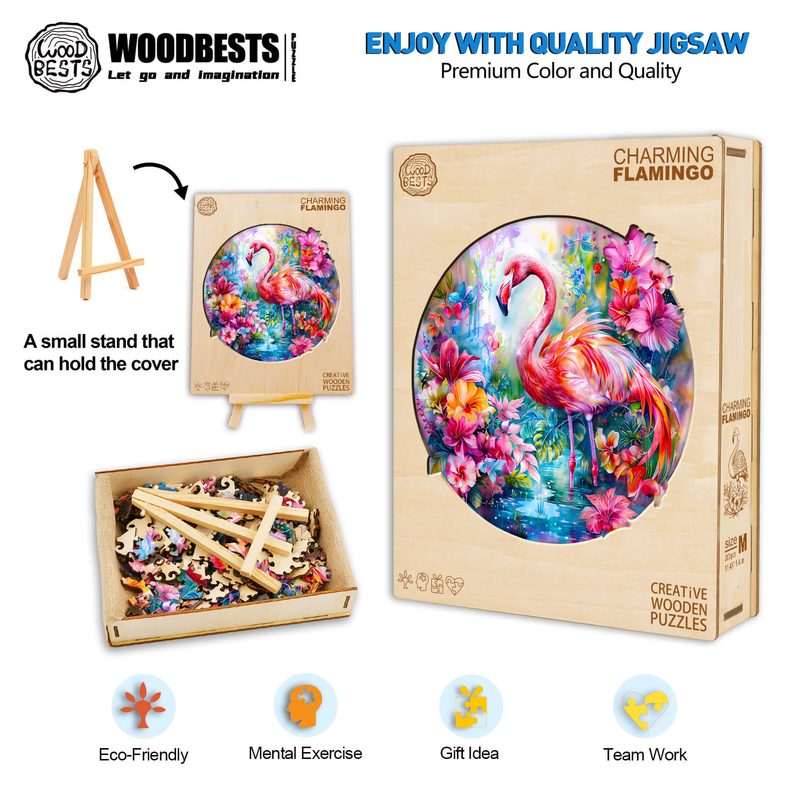 Charming Flamingo wooden jigsaw puzzle, eco-friendly, promotes mental exercise and teamwork, with vibrant colors and quality design.