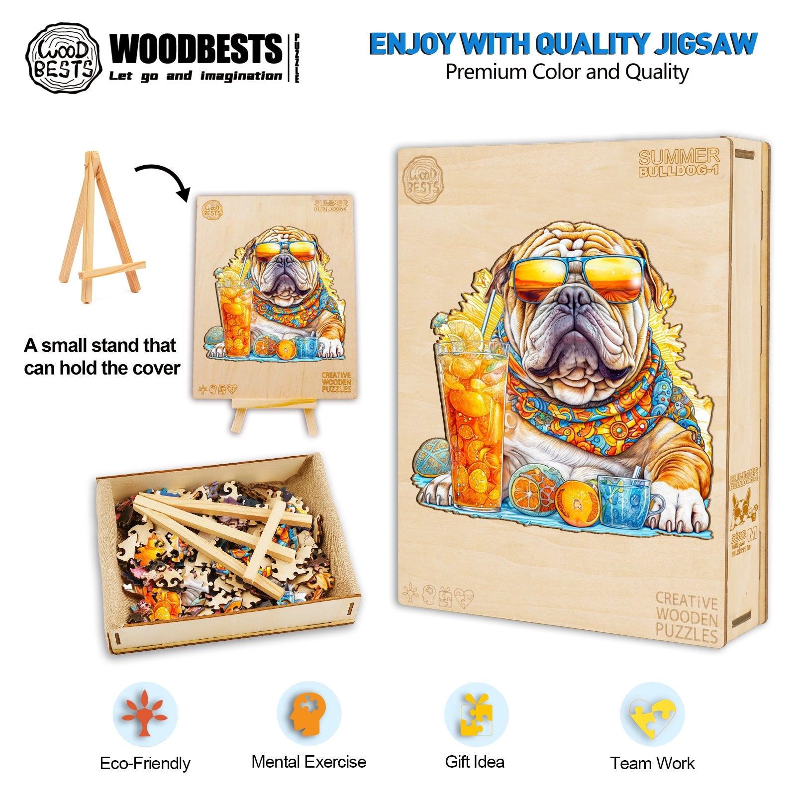 Summer Bulldog-1 wooden jigsaw puzzle featuring a colorful bulldog design, promoting mental exercise and eco-friendliness.