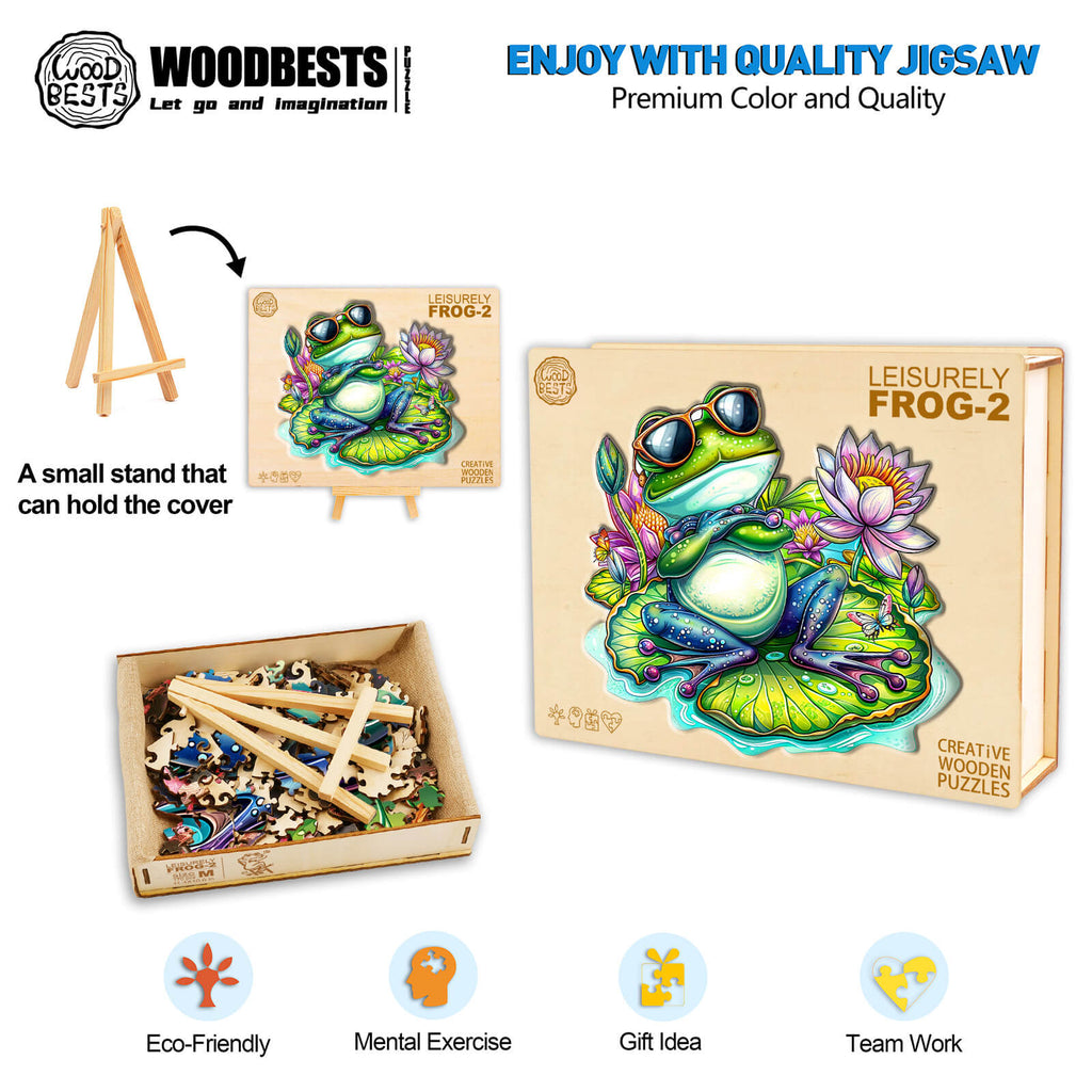 Leisurely Frog-2 wooden jigsaw puzzle with vibrant colors, eco-friendly design, and mental exercise features.