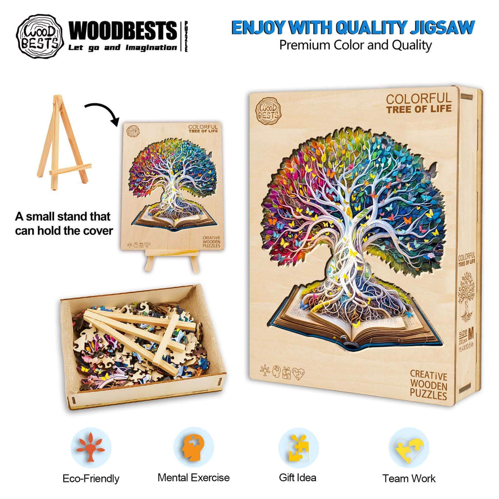 Colorful Tree of Life wooden jigsaw puzzle, eco-friendly brain game for mental exercise and teamwork, premium quality.