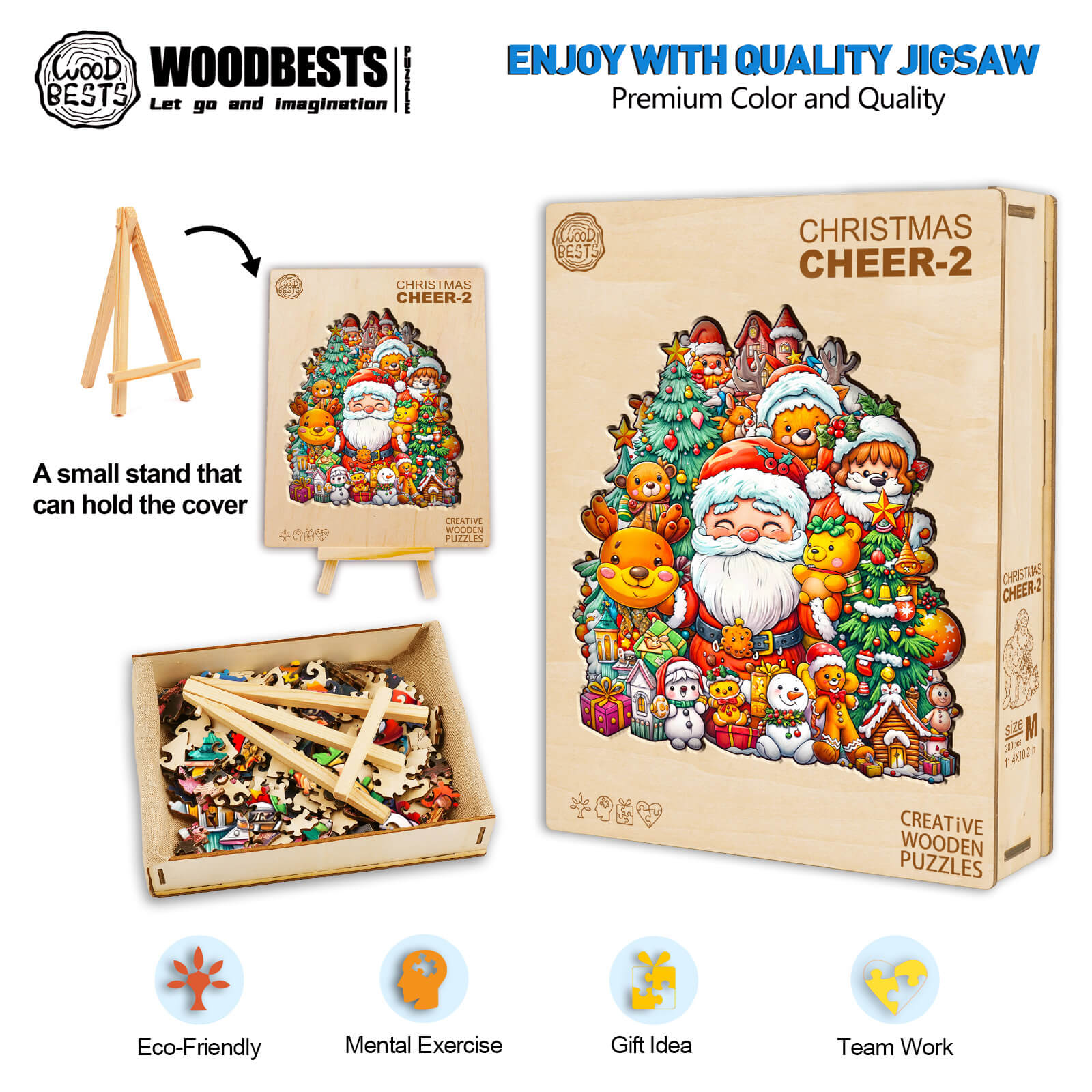 Christmas Cheer-2 wooden jigsaw puzzle featuring festive characters, perfect for mental exercise and teamwork.