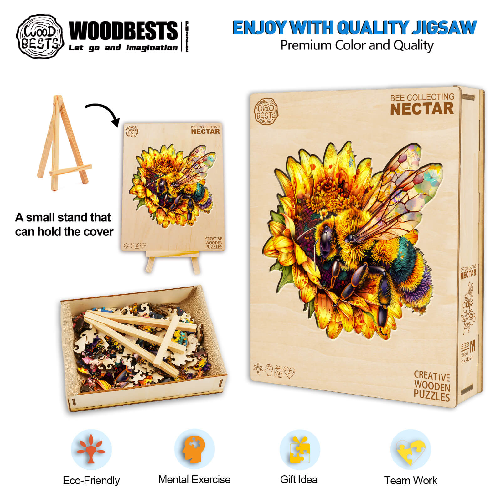 Bee Collecting Nectar wooden jigsaw puzzle, eco-friendly mind game, great for focus and teamwork, a perfect gift idea.