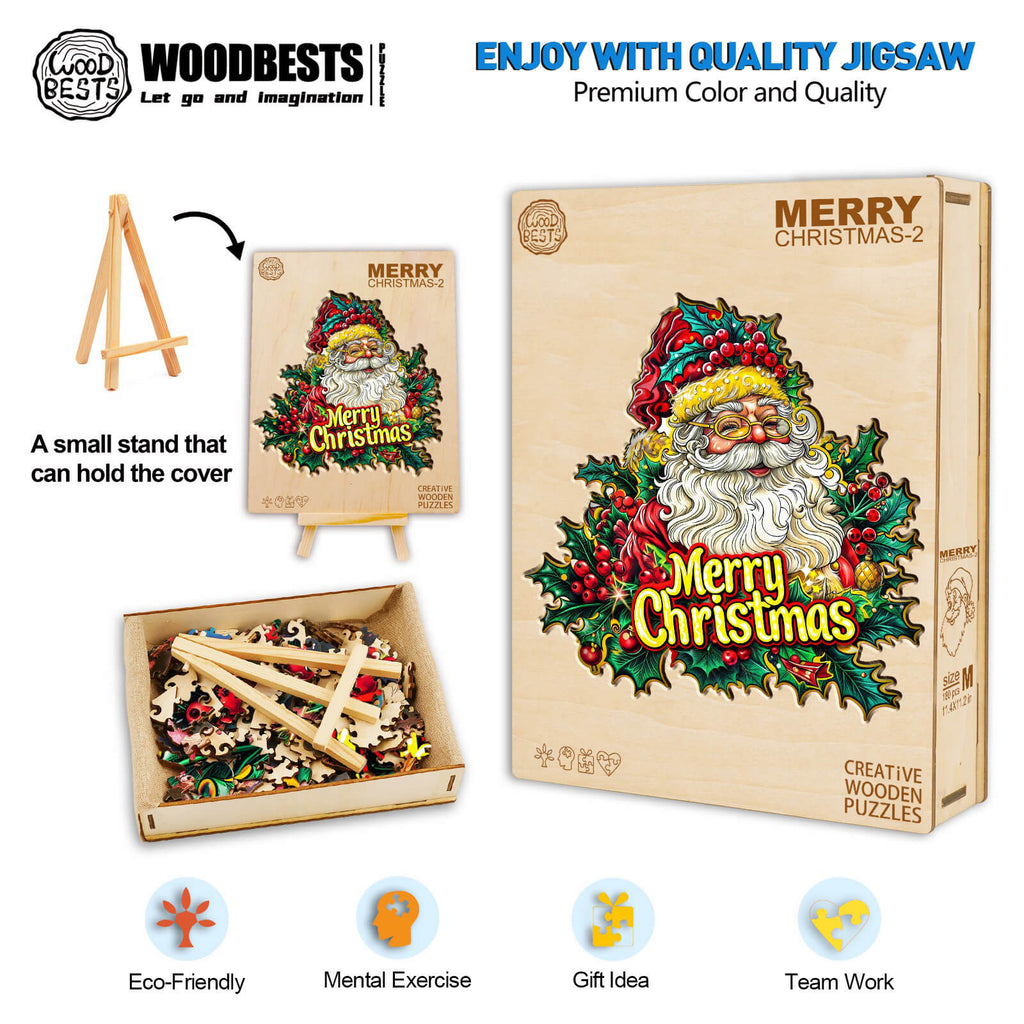 Merry Christmas-2 wooden jigsaw puzzle with festive artwork, eco-friendly materials, and focus-enhancing features.