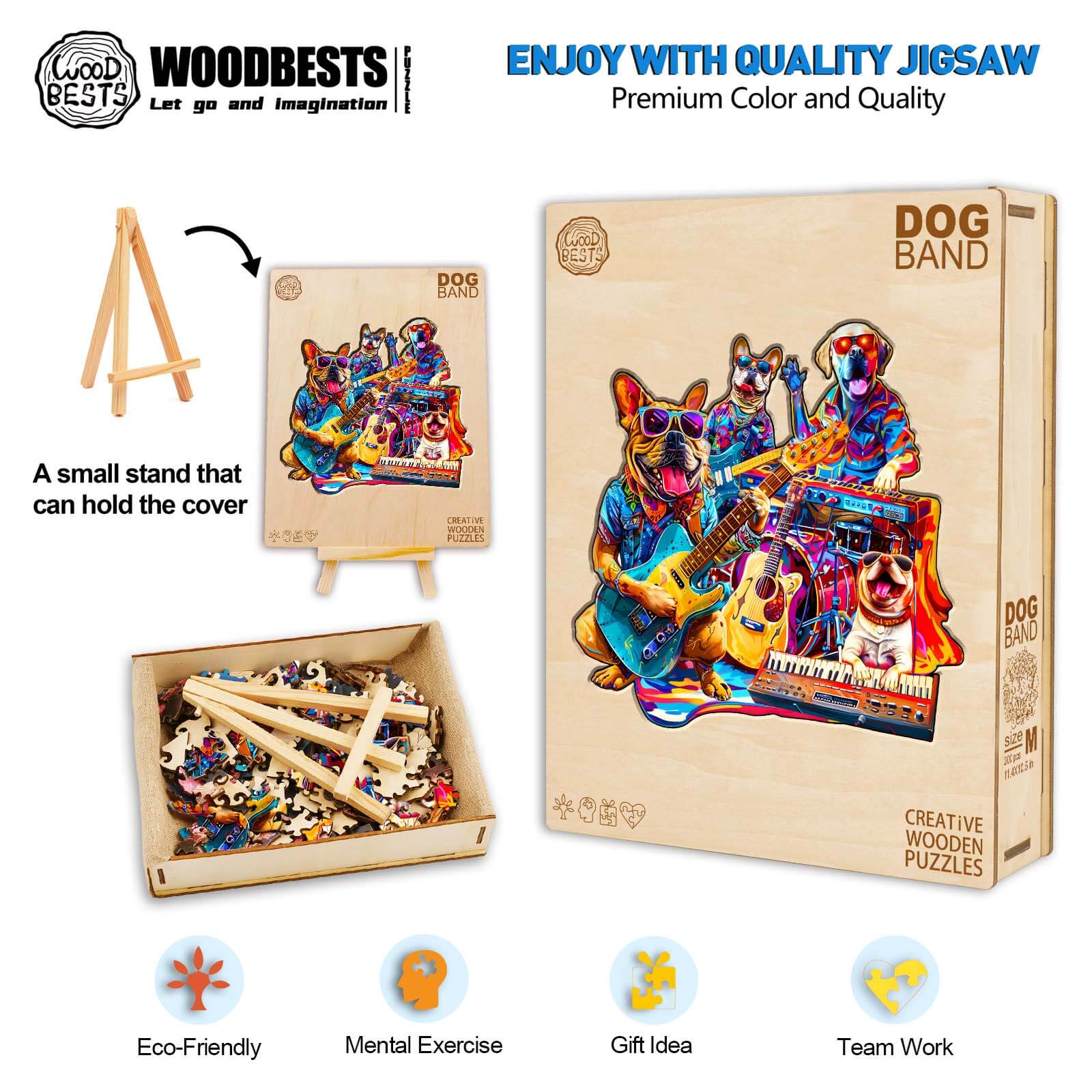 Dog Band wooden jigsaw puzzle box with colorful art and eco-friendly pieces for mental exercise and teamwork.