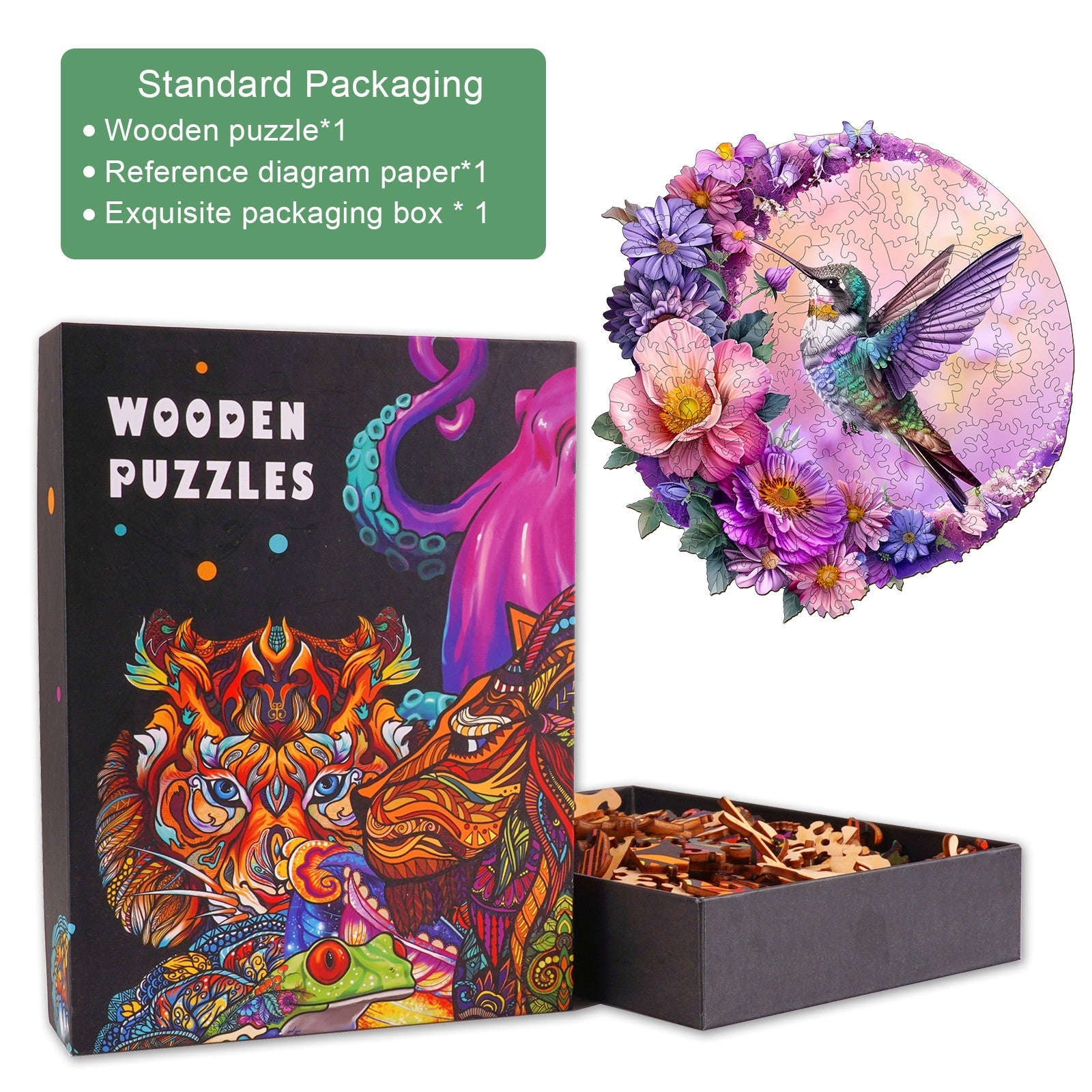 Hummingbird and Moon wooden jigsaw puzzle with colorful packaging and puzzle pieces, perfect for mind games and focus.